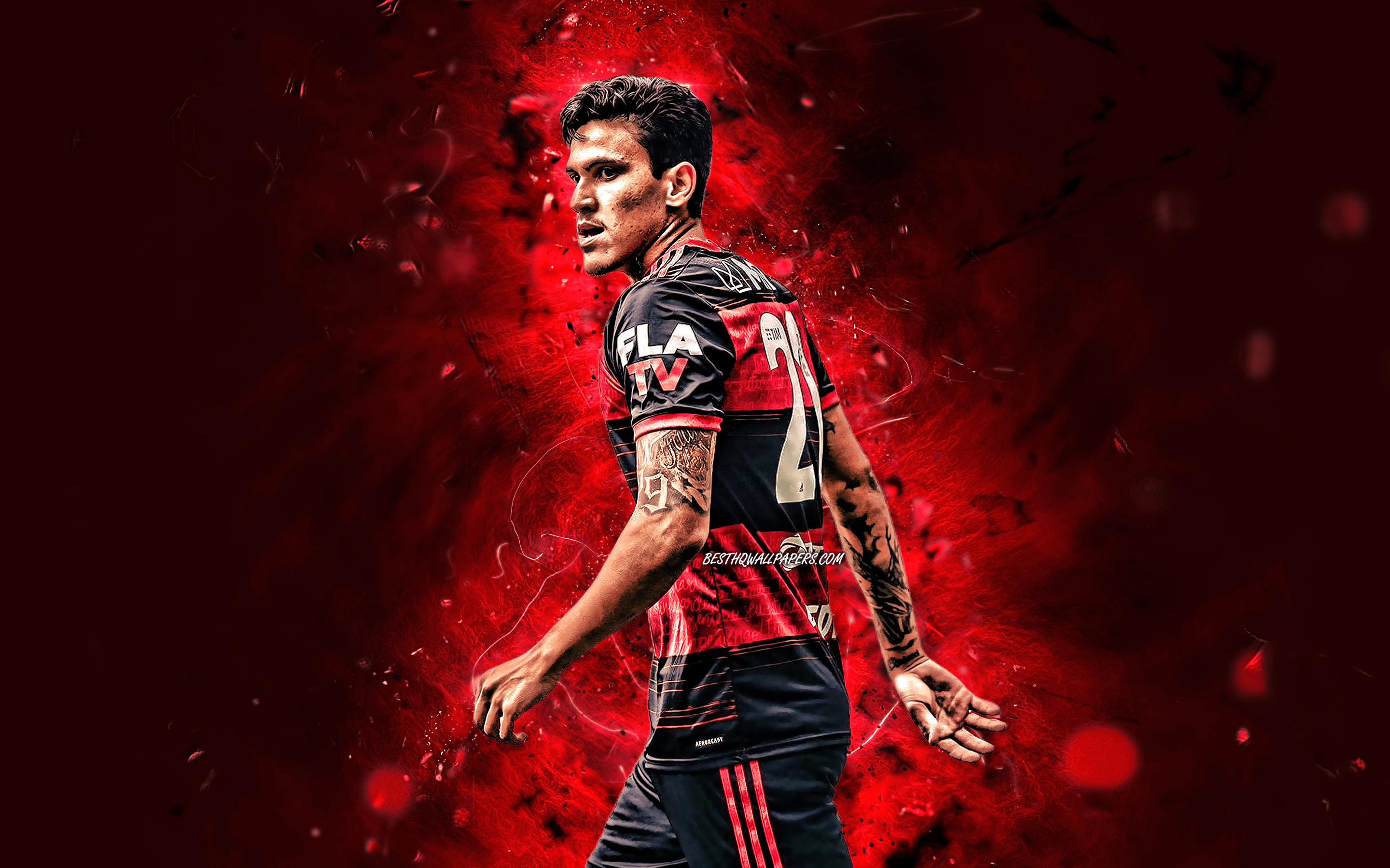 Download wallpaper Pedro Guilherme, 4k, brazilian footballers, Flamengo FC, Pedro Guilherme Abreu dos Santos, Pedro, red neon lights, Serie A, Brazil, football, Pedro Guilherme Flamengo, Pedro Guilherme 4K for desktop with