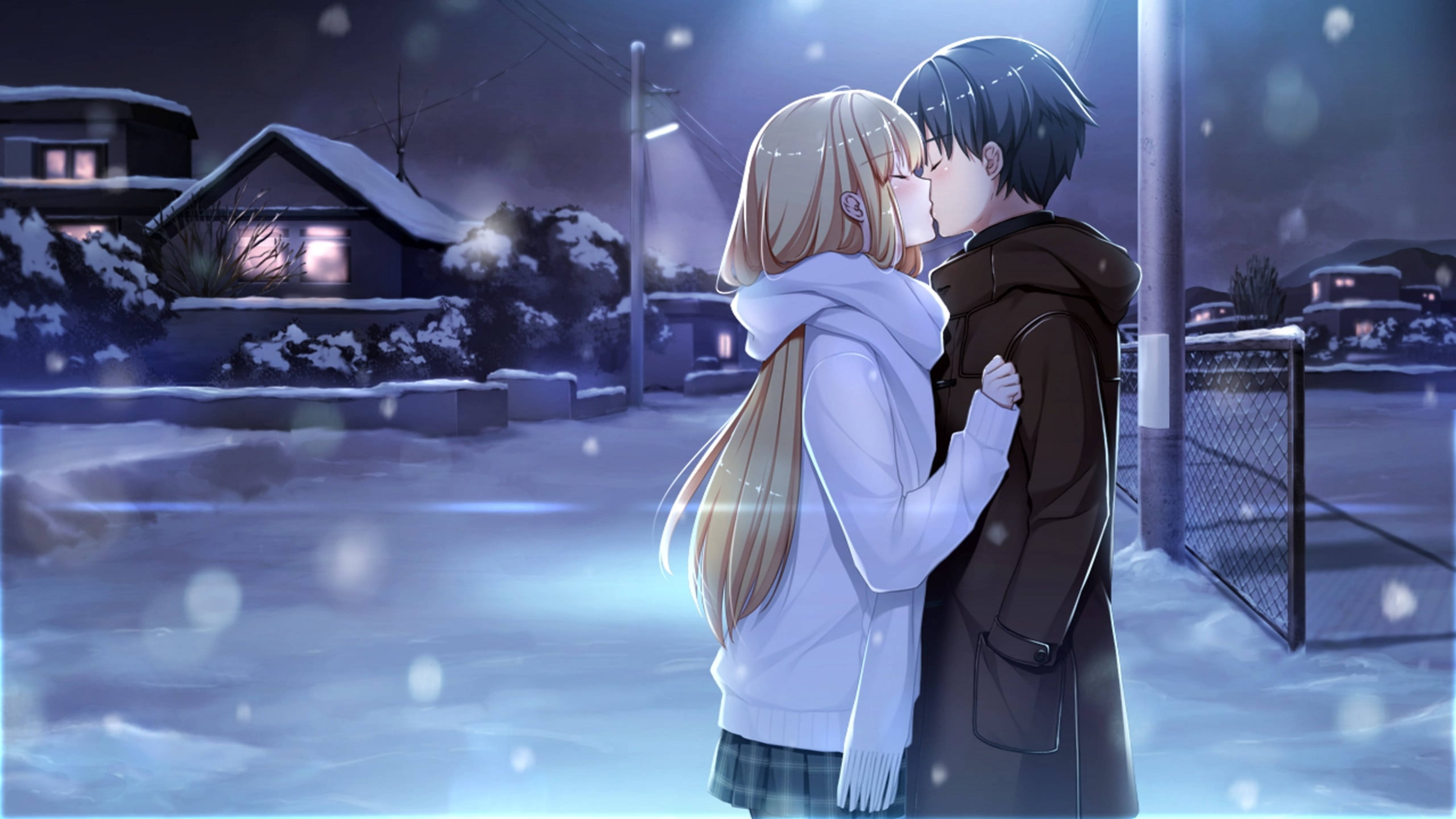 Download Cute Anime Couple Kissing Winter Night Wallpaper