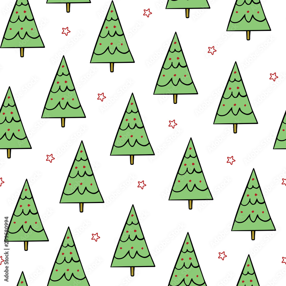 Simple green christmas trees with red stars on white background. Seamless, repeat christmas holiday pattern. For wrapping, wallpaper and other christmas decoration uses. Vector illustration. Stock Vector