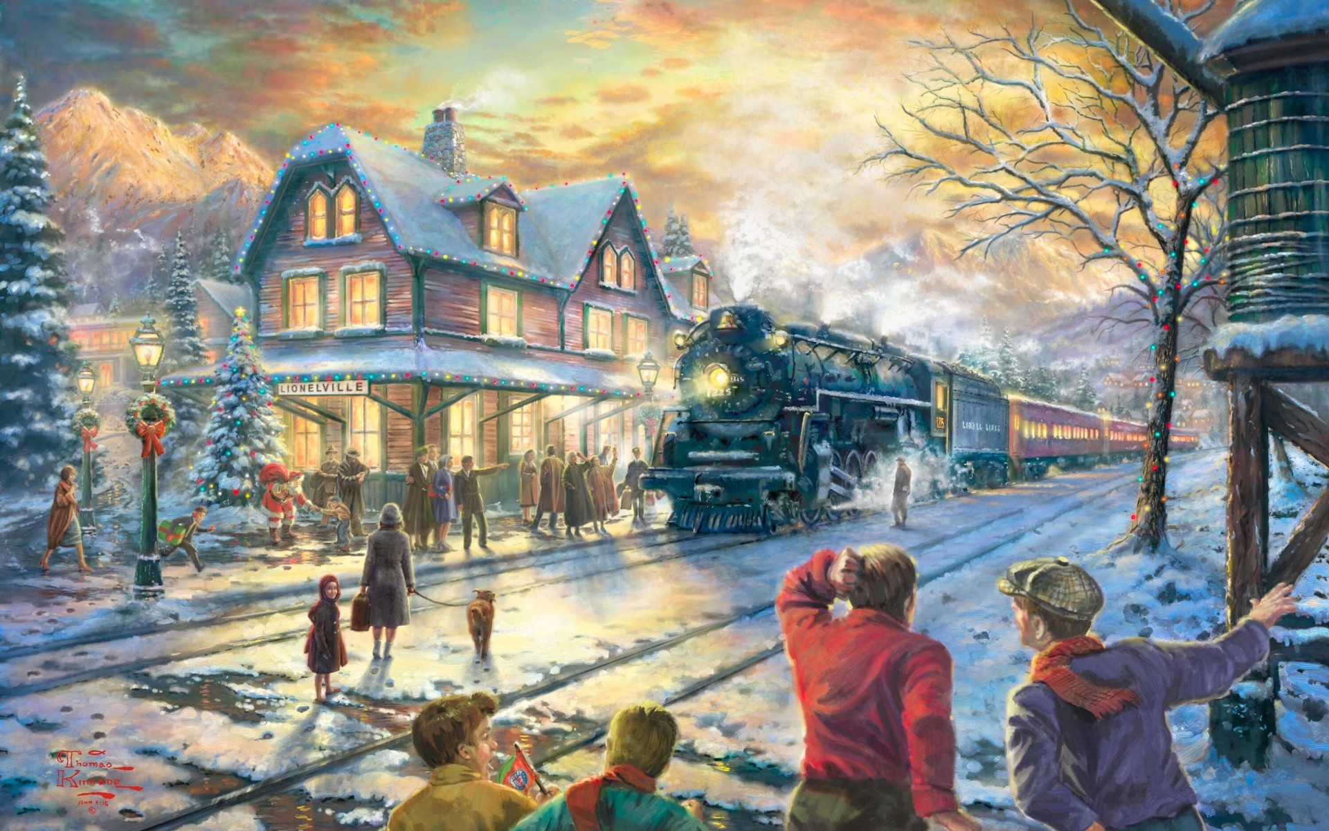 all, Aboard, For, Christmas, Thomas, Kinkade, Holidays, Christmas, Winter, Snow, Seasons, Trains, Tracks, People, Houses, Rustic, Art Wallpaper HD / Desktop and Mobile Background