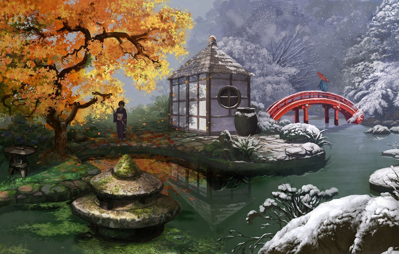 Wallpaper winter, autumn, leaves, snow, flowers, bridge, pond, girls, seasons, Asia, umbrella, art, kimono, mugon, hydrangeas image for desktop, section пейзажи