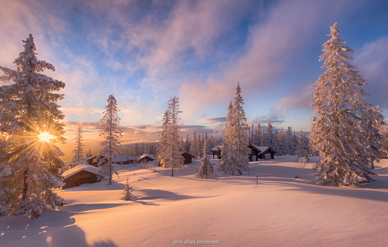 Wallpaper winter, the sun, rays, light, snow, home, Norway image for desktop, section пейзажи