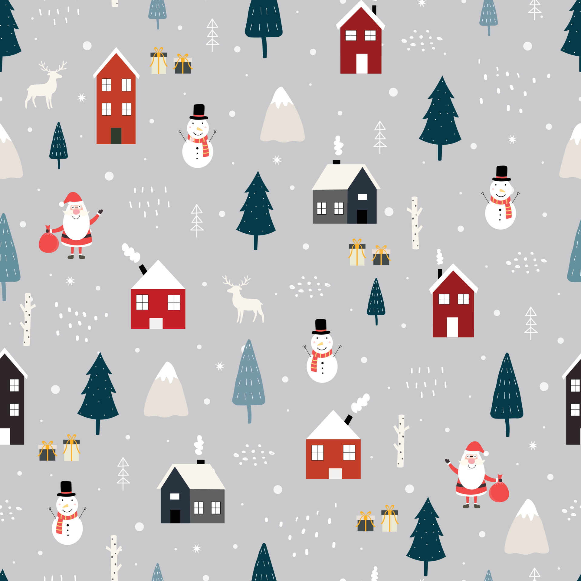 Seamless pattern Christmas background has Santa claus with house in snow and christmas tree Hand drawn design in cartoon style, use for print, celebration wallpaper, textile. Vector illustration Vector Art