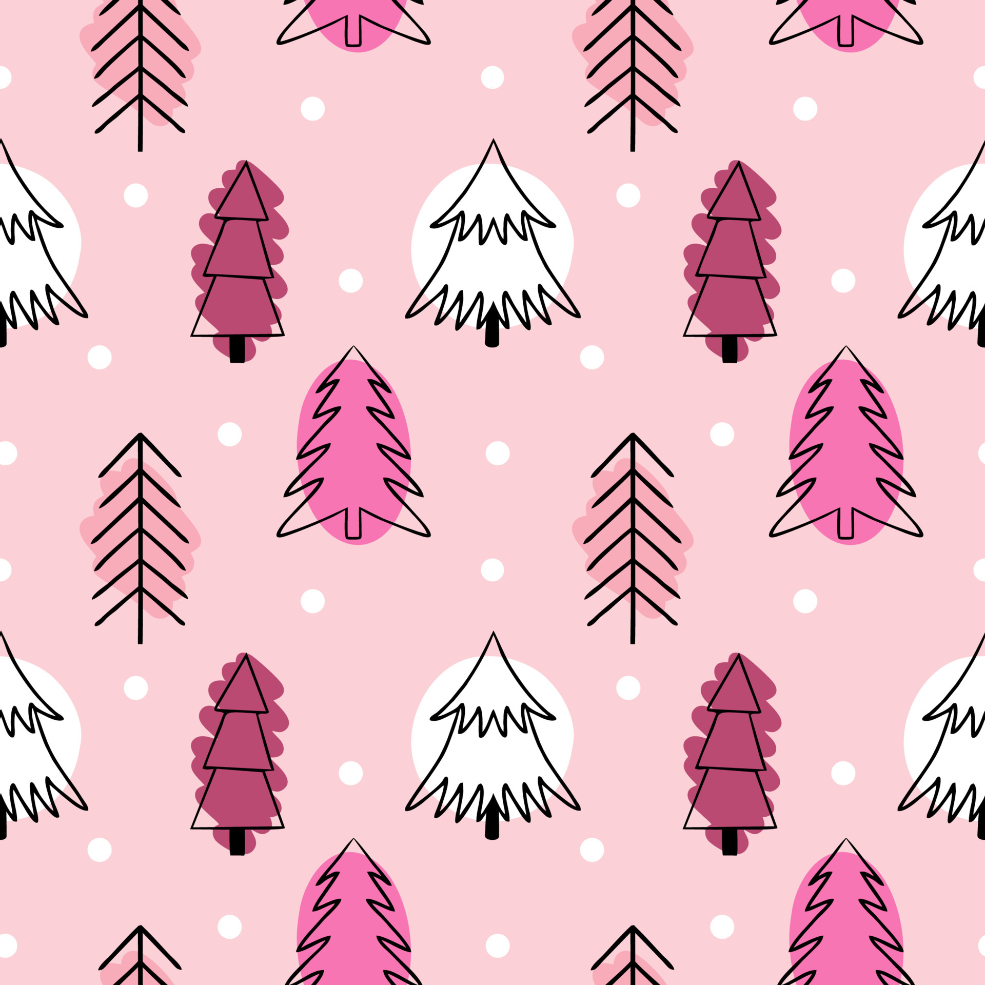 Pink seamless pattern with cute Christmas trees. Trees in the style of Doodle. Background for printing on fabric, Wallpaper, packaging paper