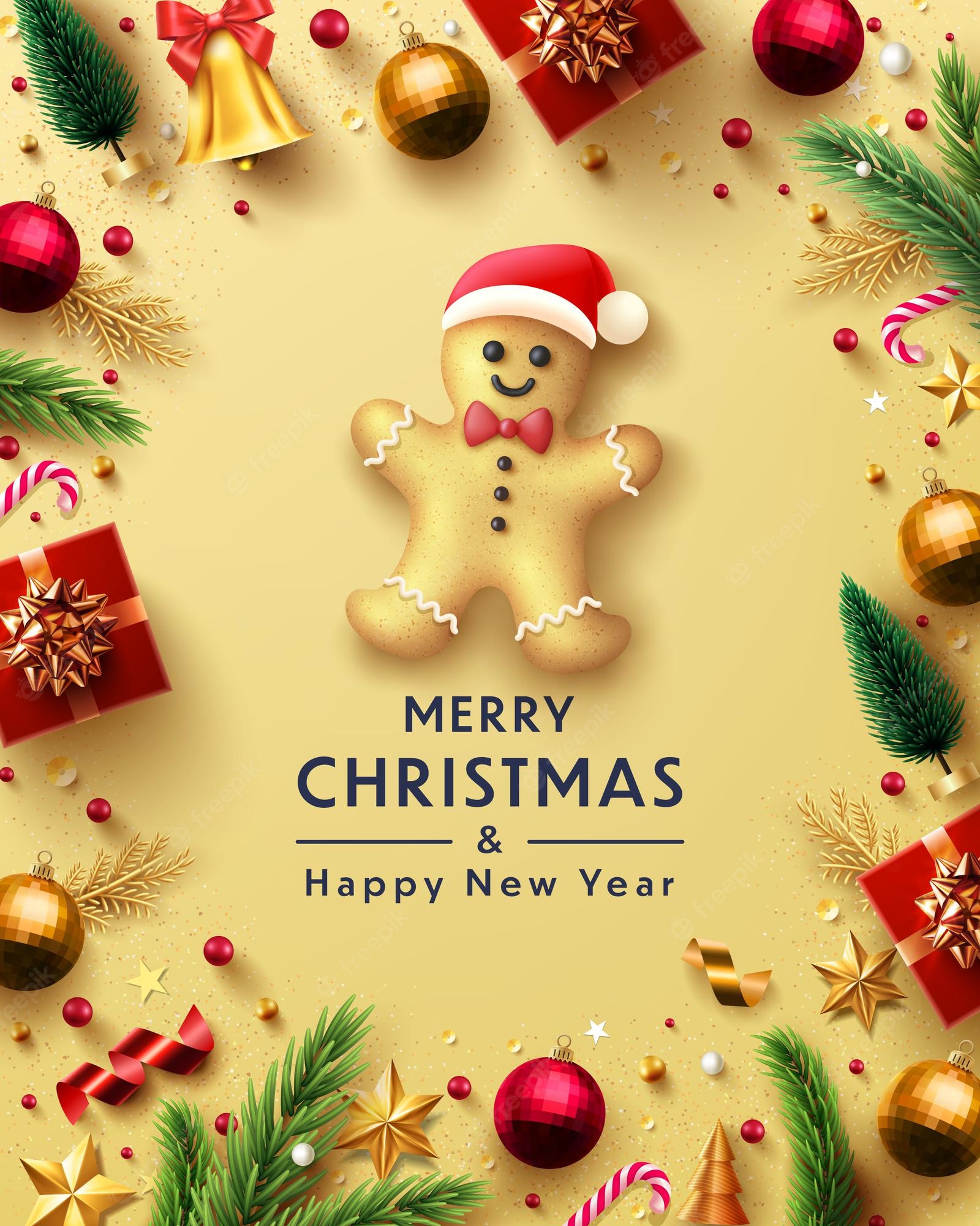 Premium Vector. Merry christmas and happy new year poster or banner with cute gingerbread men and christmas element