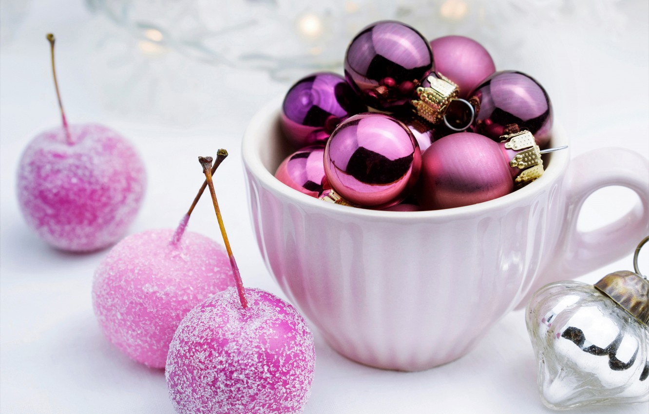 Wallpaper balls, holiday, Christmas, purple, mug, New year, white, light background, lilac, Christmas decorations, apples, новогодние декорации image for desktop, section новый год