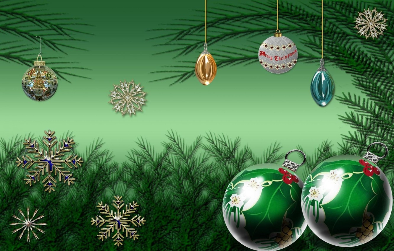 Wallpaper snowflakes, balls, Christmas, New year, green, green background, Christmas decorations, tree branches image for desktop, section новый год