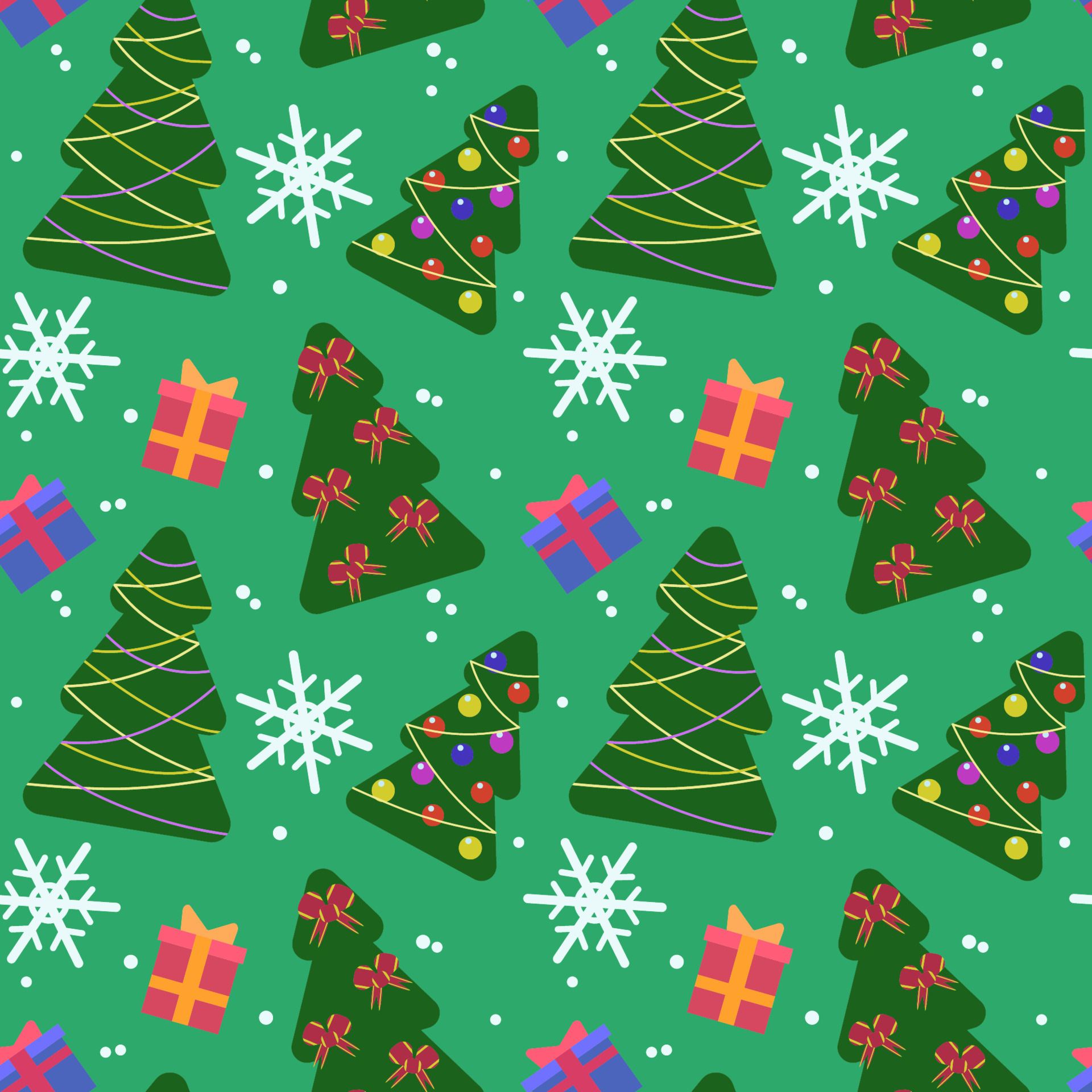 Vector seamless colorful Christmas pattern. Christmas trees, red and blue gift boxes, red ribbons, snowflake on green background for wrapping paper, wallpaper, post cards, textile, fabric