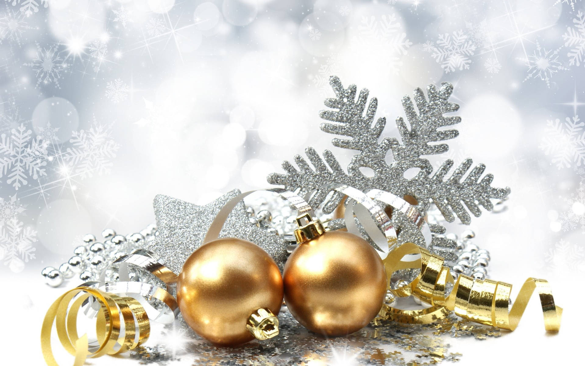Download Gold Christmas Balls Silver Snowflakes Wallpaper