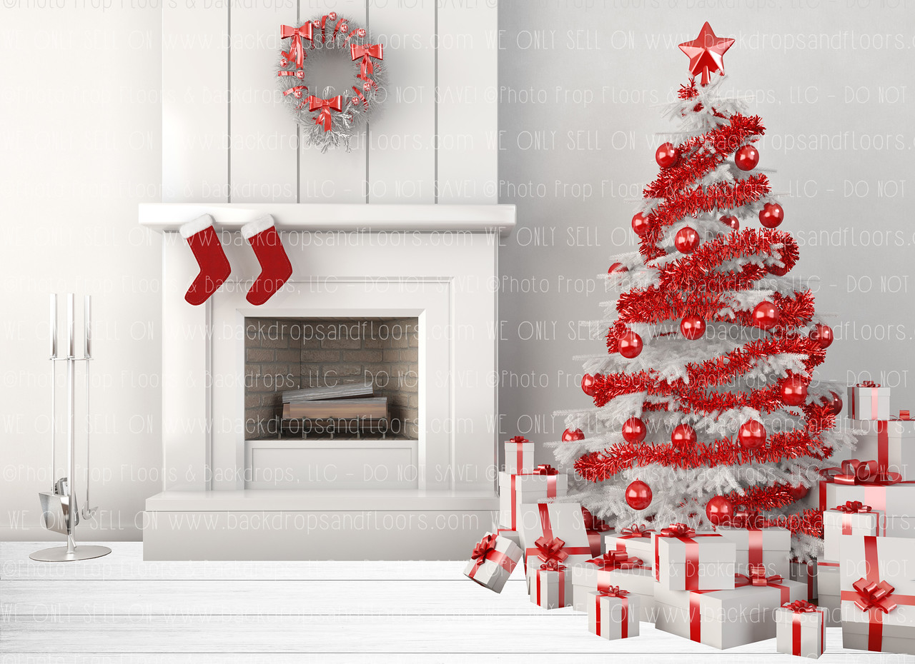 Red & White Tree and Fireplace Christmas Photography Backdrop, Holiday, Fire, Mantle, Family Room, Presents, Ornaments, Decorations, Stockin