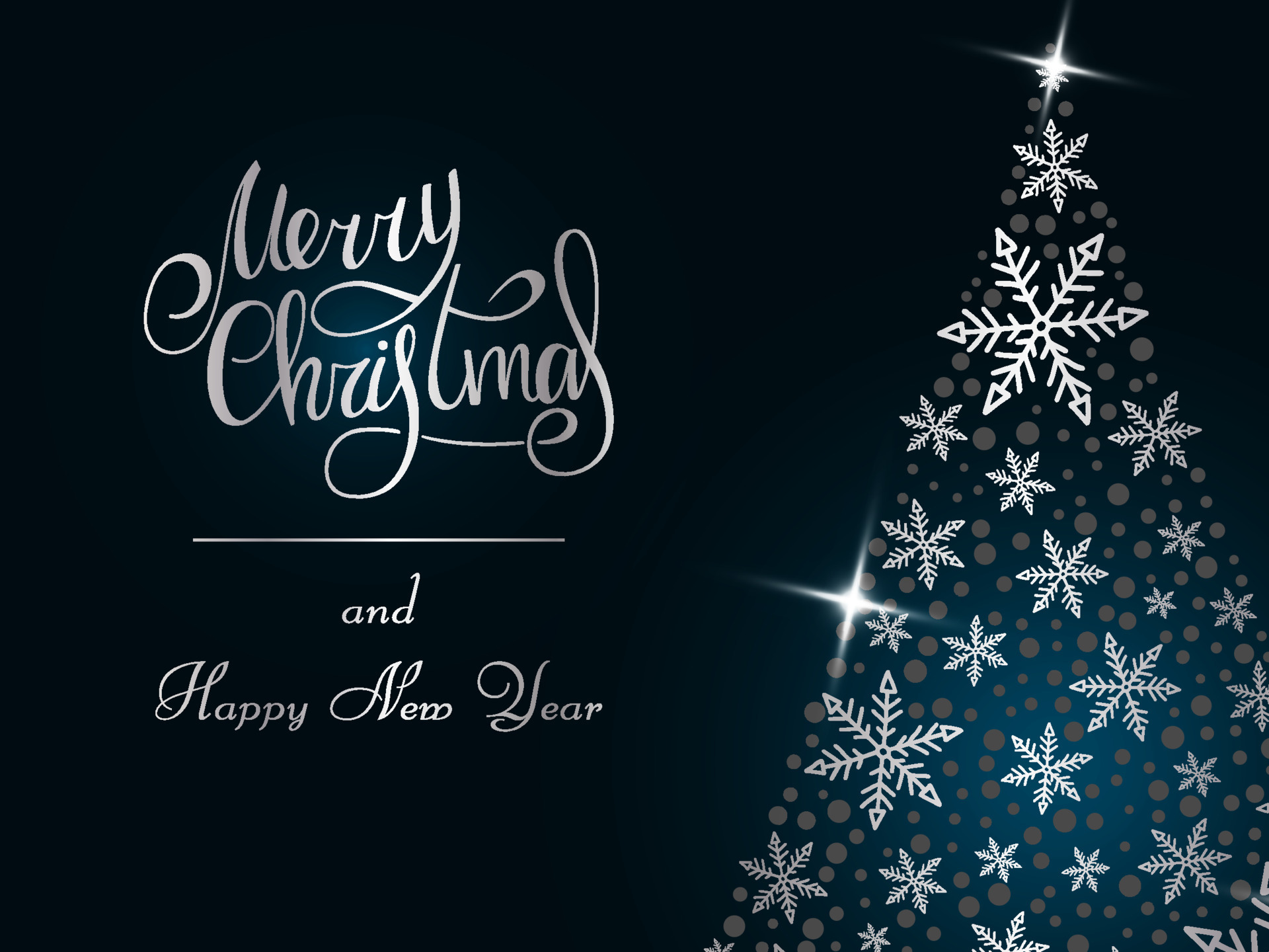 Handwritten silver lettering on a dark blue background. Magic silver Christmas tree of snowflakes. Merry Christmas and Happy New Year 2022