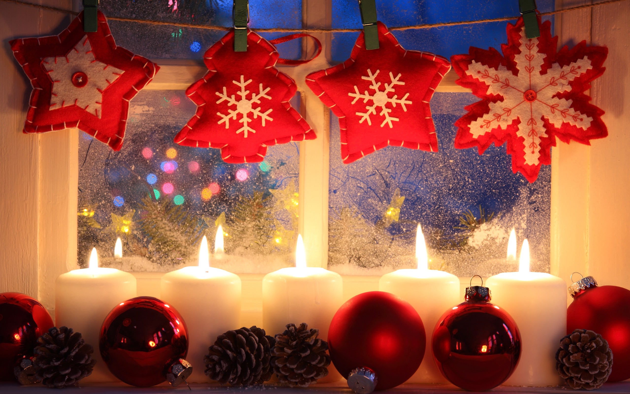 New Year, Christmas Ornaments, Candles, Cones, Window, Decorations, Bokeh Wallpaper HD / Desktop and Mobile Background