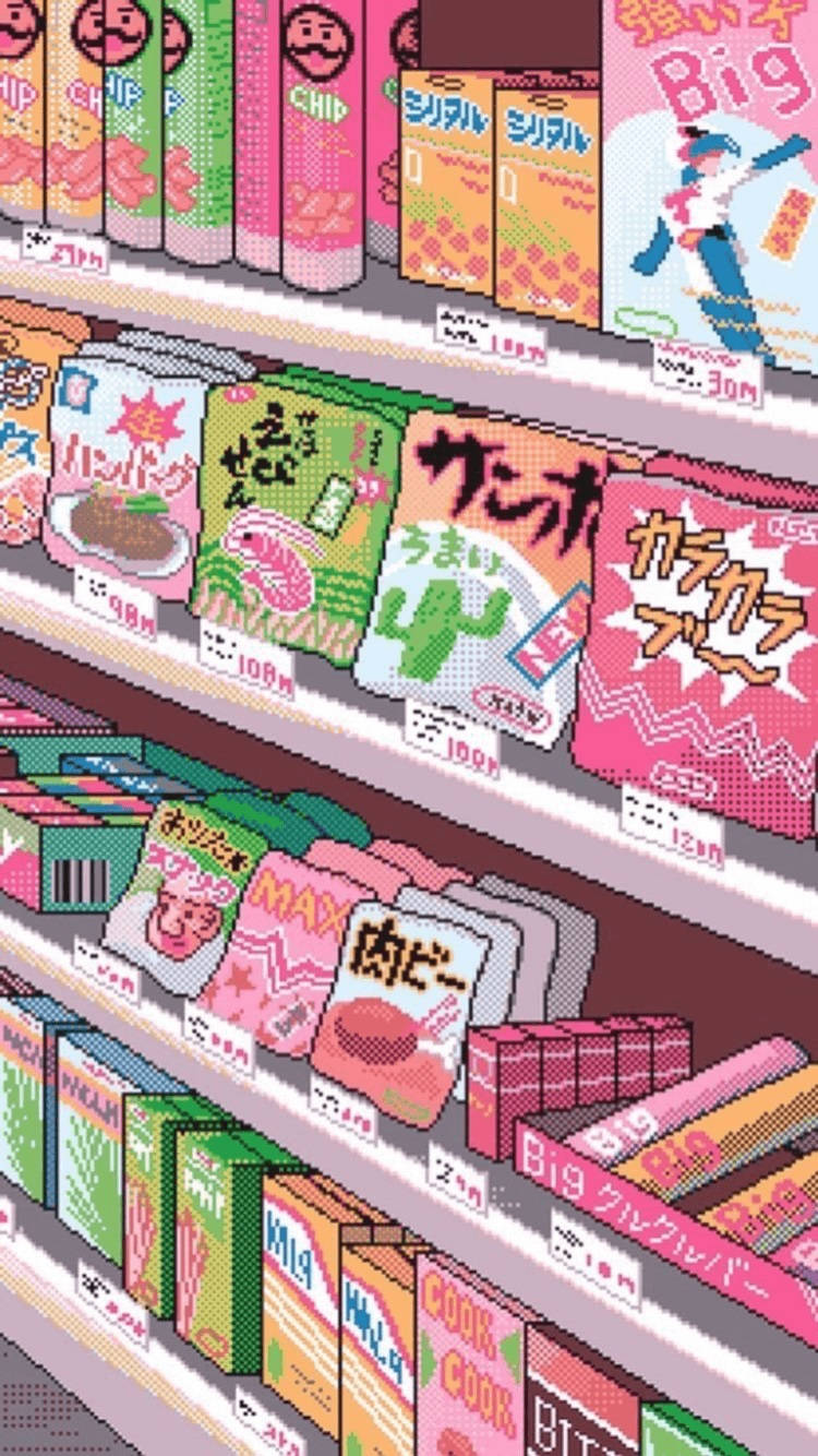 Download Aesthetic Anime Snacks On Shelf Phone Wallpaper