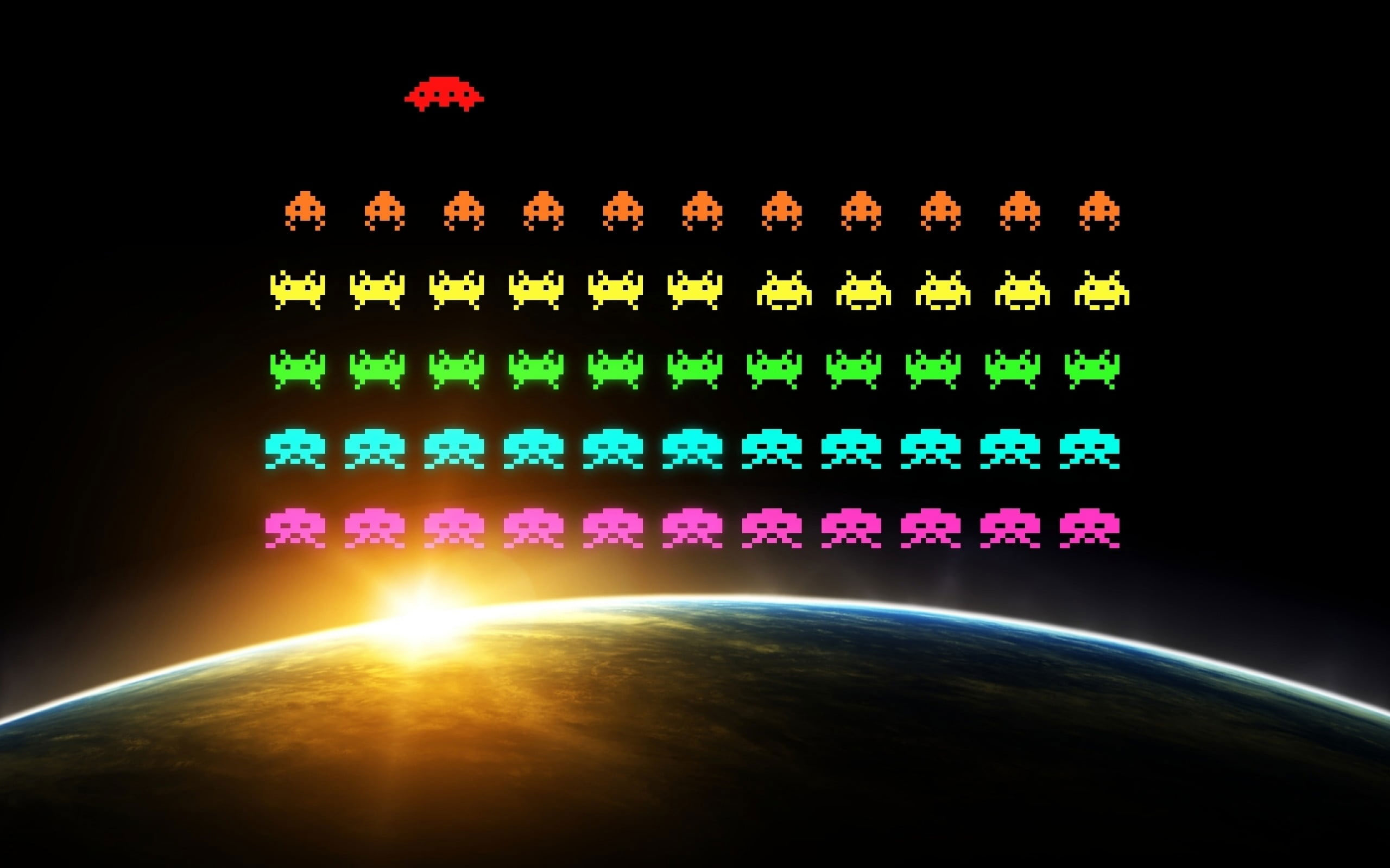 Galaga Game Wallpaper, Pixels, Pixel Art, Digital Art, Video Games, Space Invaders
