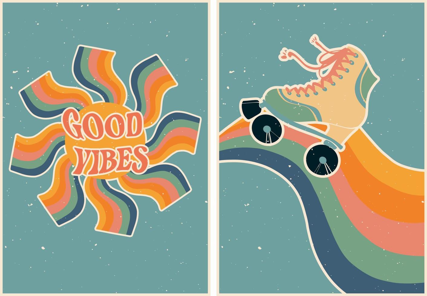 Set of posters in retro style with roller skates and a rainbow. Lettering good vibes and rainbow sun. Psychedelic wallpaper. Colorful vector art design. 60s, 70s, hippies. Postcard set, poster design. 11143351