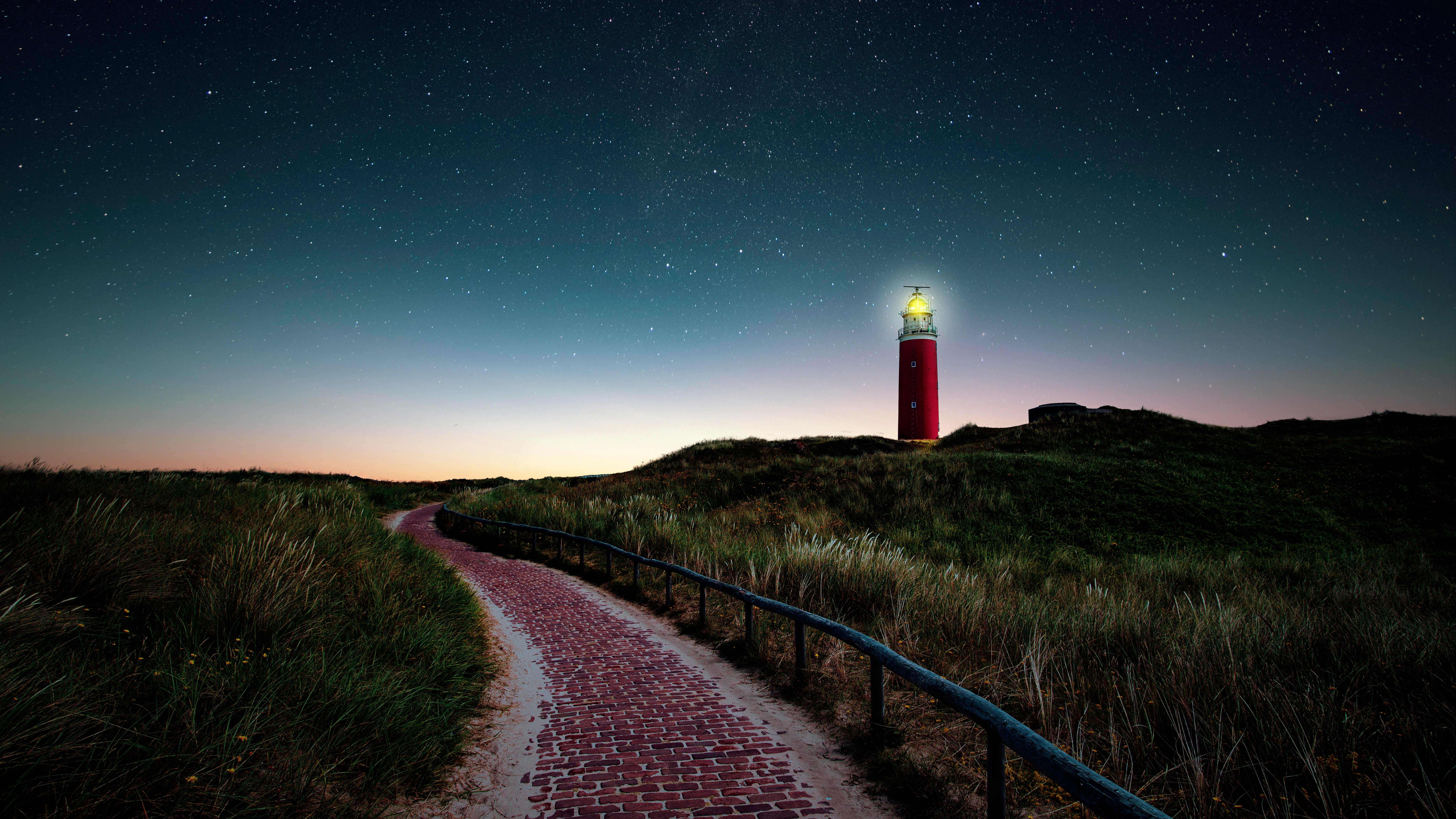 Lighthouse Wallpaper 4K, Starry sky, Night, Nature