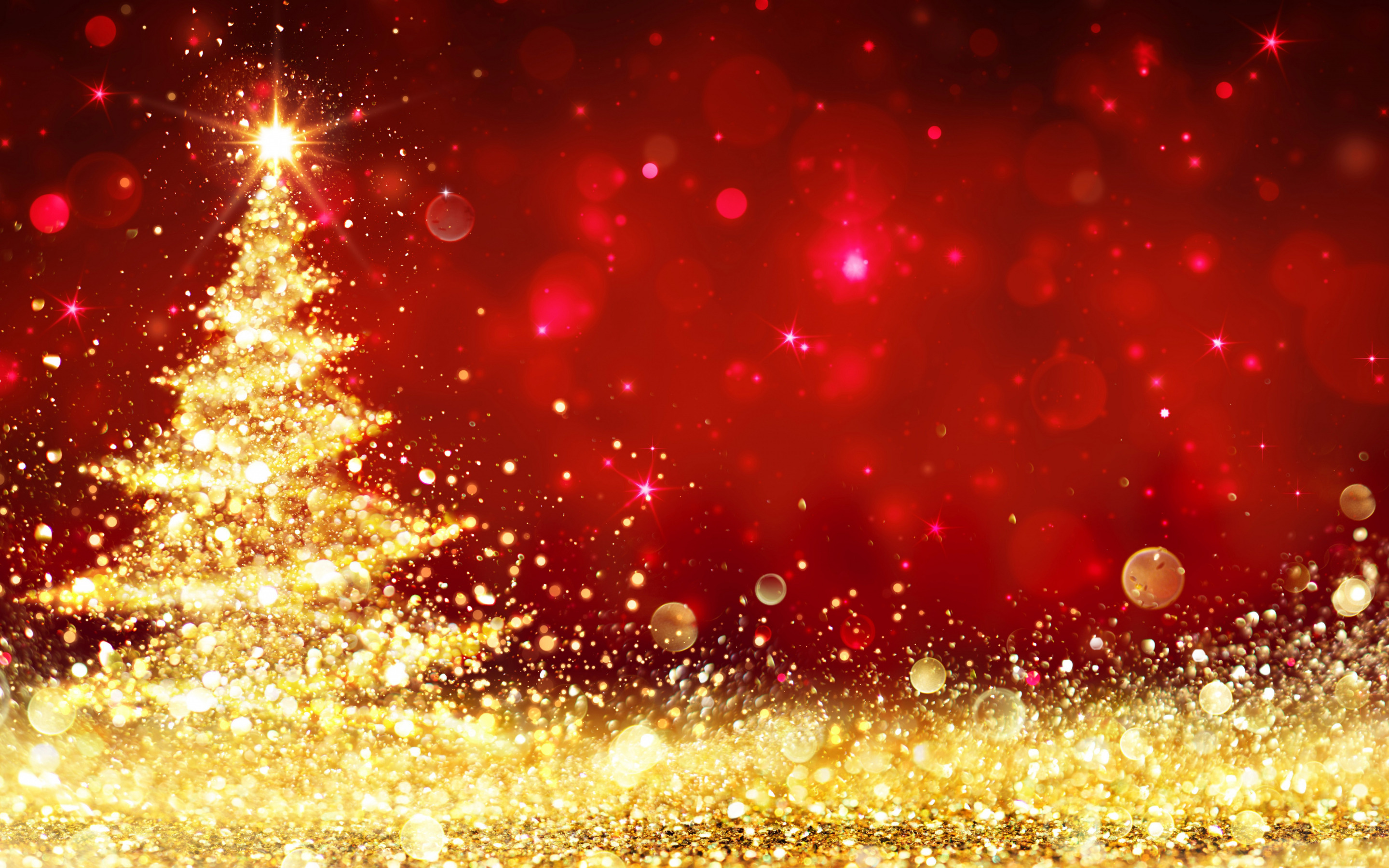 Download wallpaper Red christmas background, Gold glitter christmas tree, Happy New Year, Christmas, golden background for desktop with resolution 2880x1800. High Quality HD picture wallpaper
