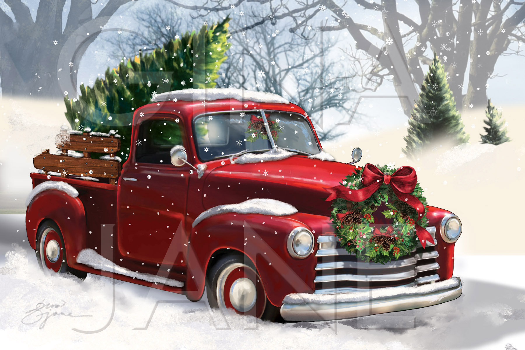 Vintage Christmas Chevy Red Truck Tree DIY Craft Digital