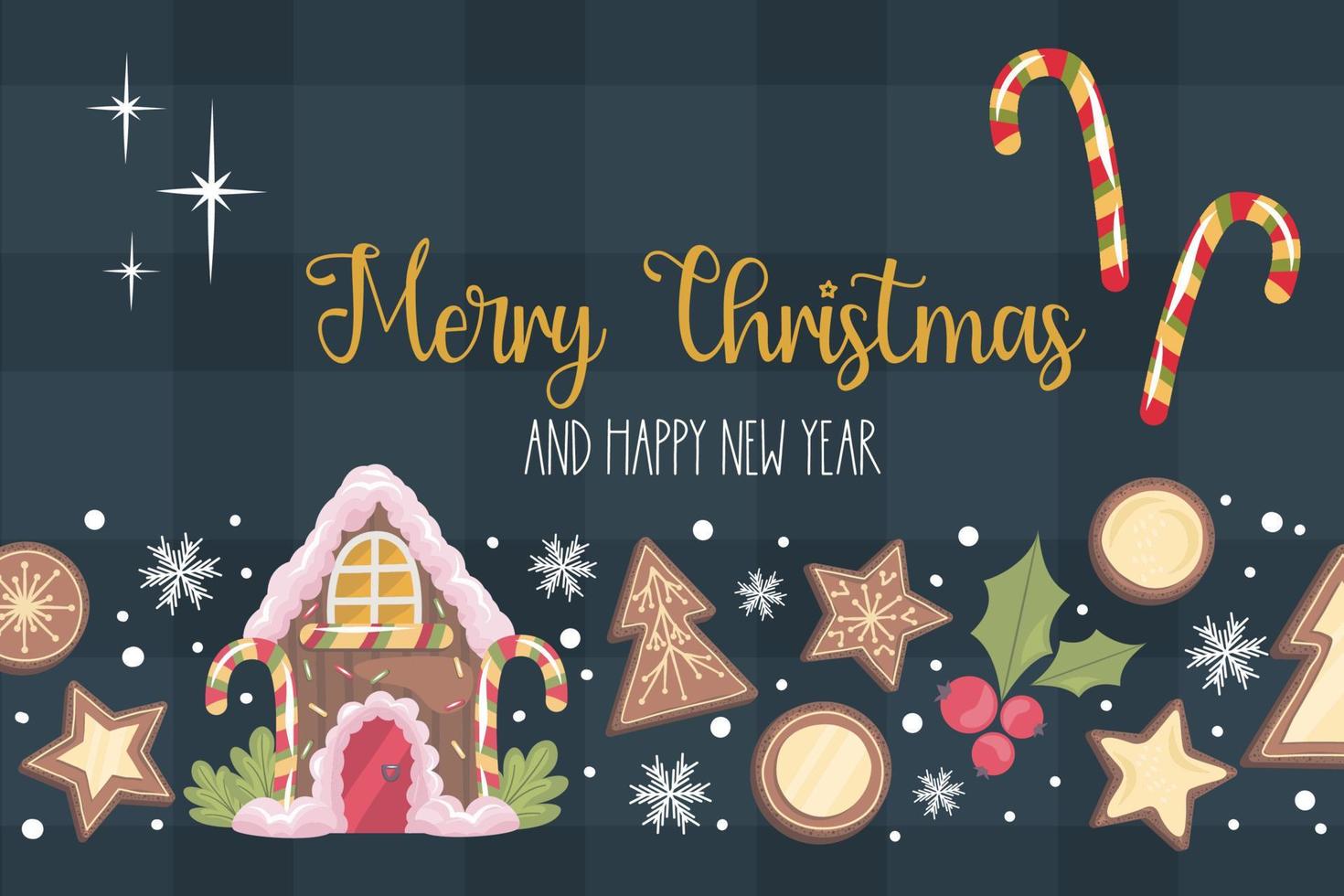 Christmas banner design with text merry christmas, gingerbread house. Gingerbread cookie, cocoa with marshmallow and lollipop for holiday decorations. Vector illustration