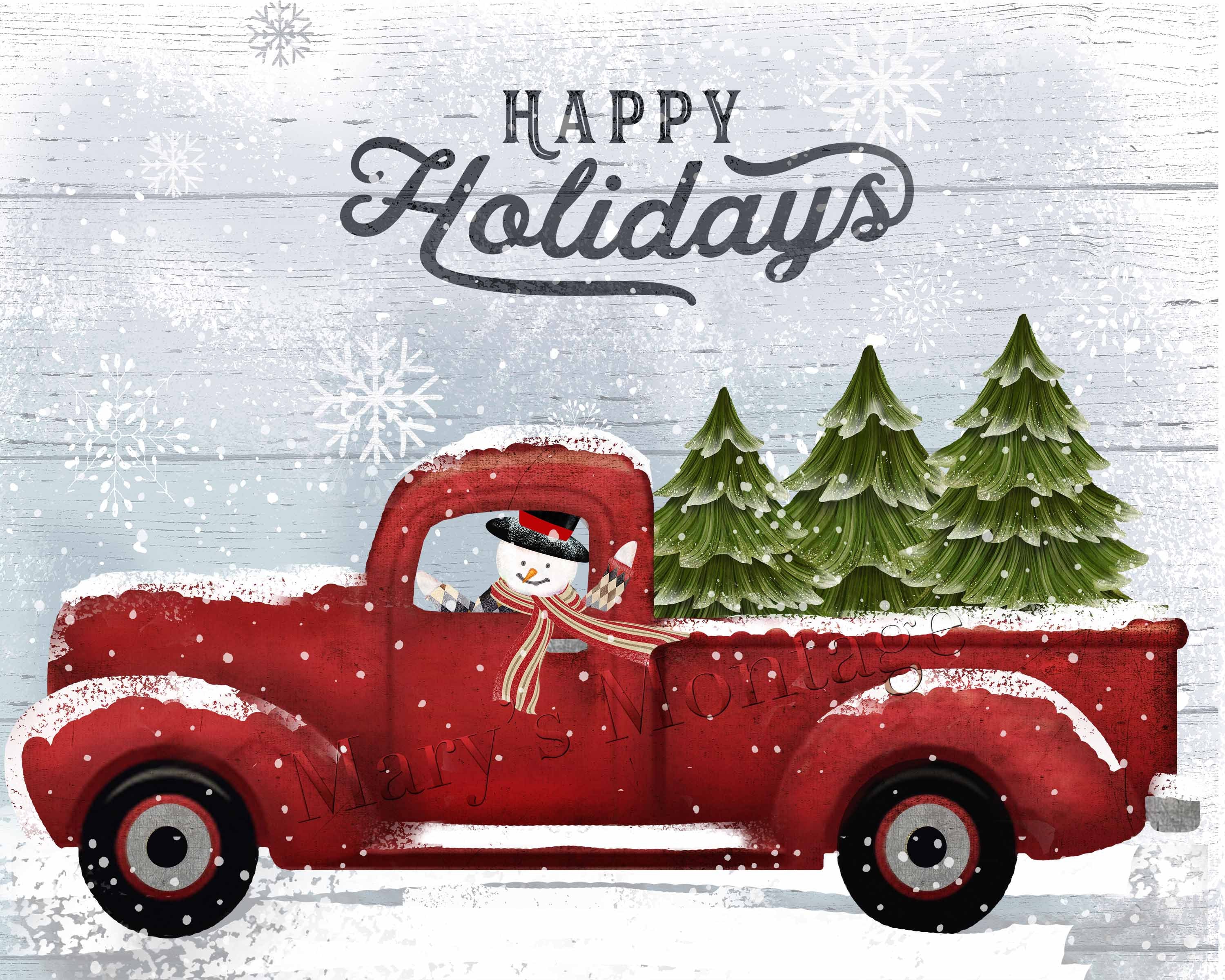 Christmas Red Truck With Snowman 8 X10 Digital Printable