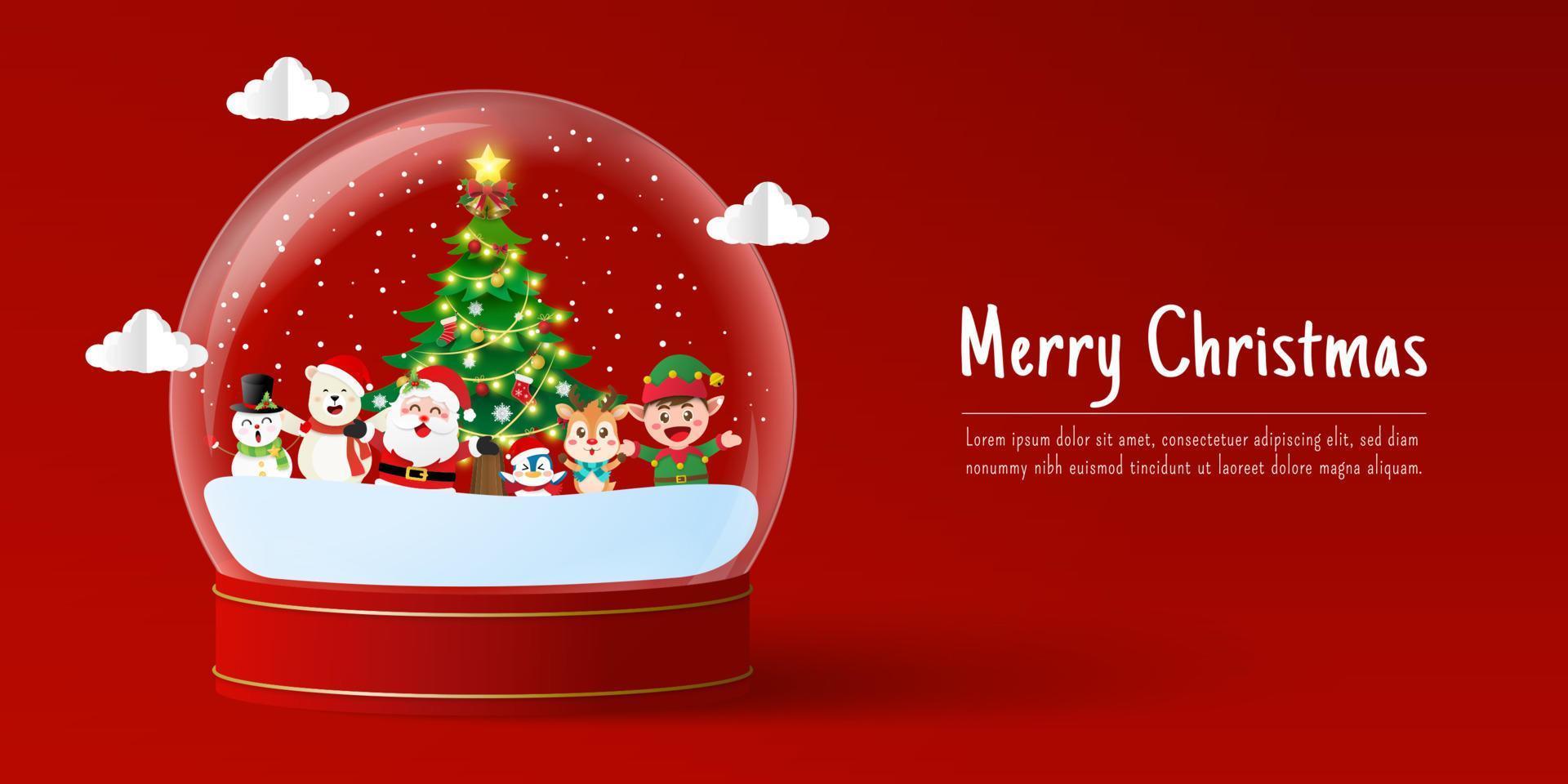 Christmas banner of Santa Claus and friend in snow globe