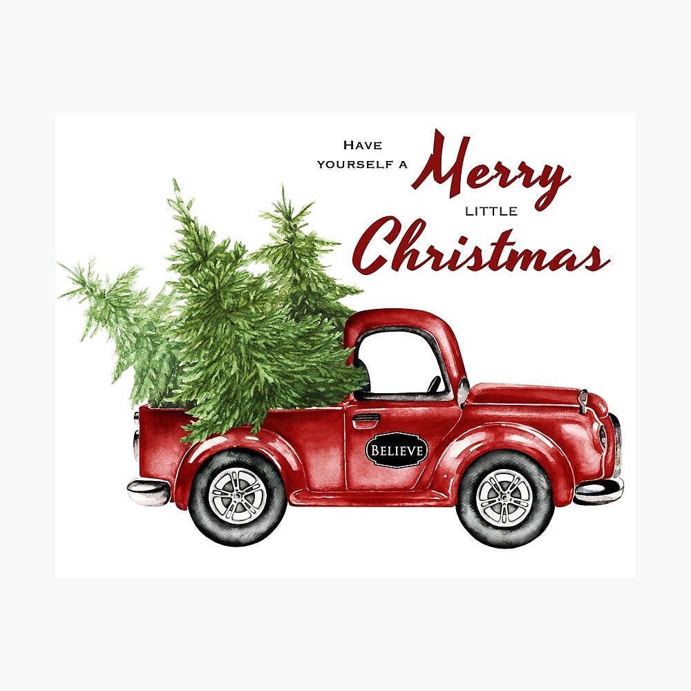 retro Red Christmas Truck with Trees Metal Print