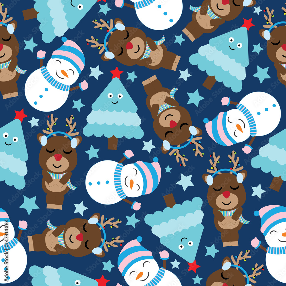 Cute Deer, Snowman And Tree On Dark Blue Background Vector Cartoon, Xmas Seamless Pattern, Postcard, And Wallpaper, T Shirt Design For Kids Stock Vector