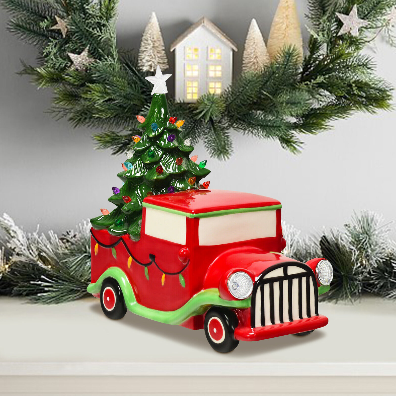 The Holiday Aisle® Pre Lit Vintage Tabletop Ceramic Christmas Tree Truck With Battery