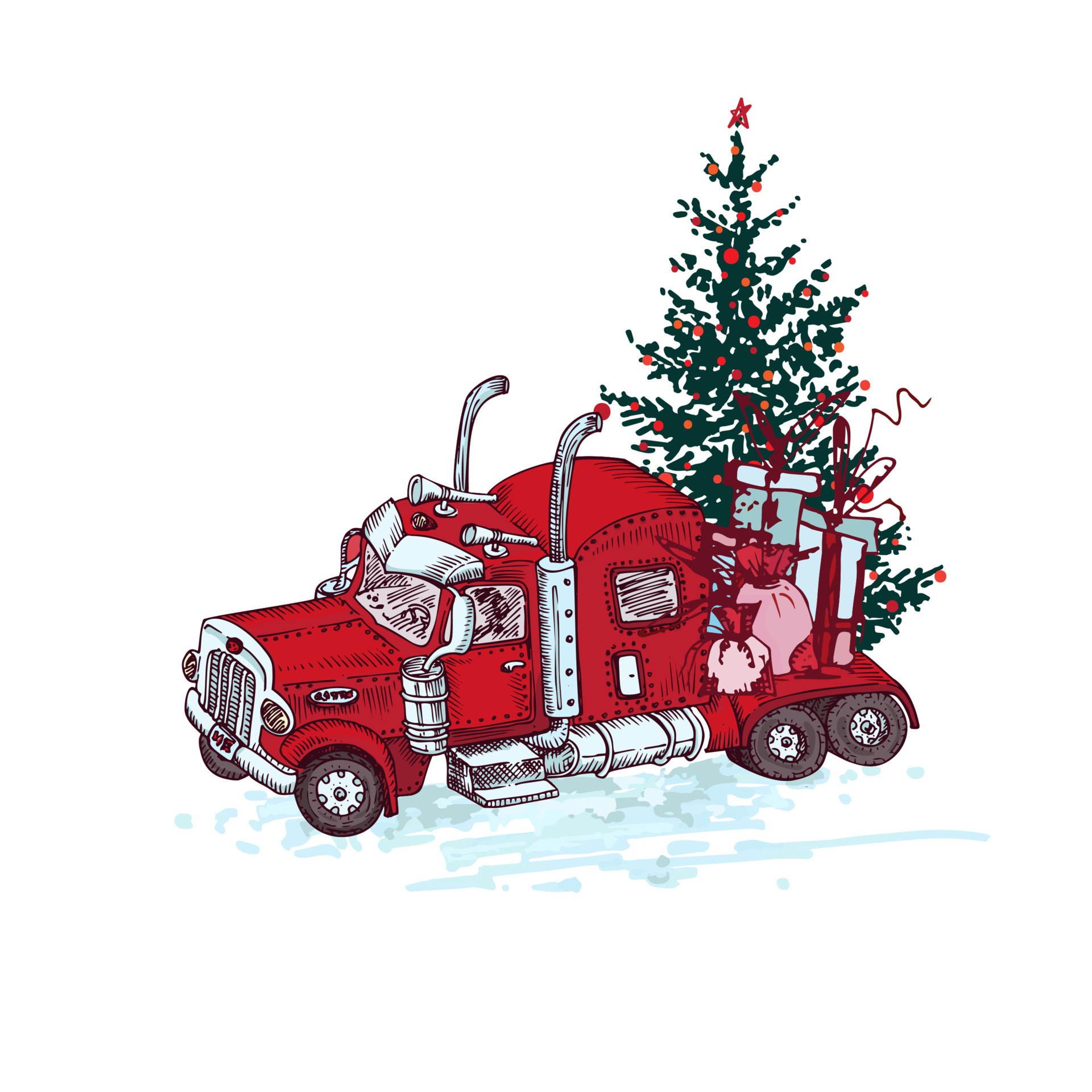 Hand drawn red truck with christmas tree and gifts isolated on white background. Vintage sketch xmas lorry transport. Large Industrial car, giant machine. Engraving art style