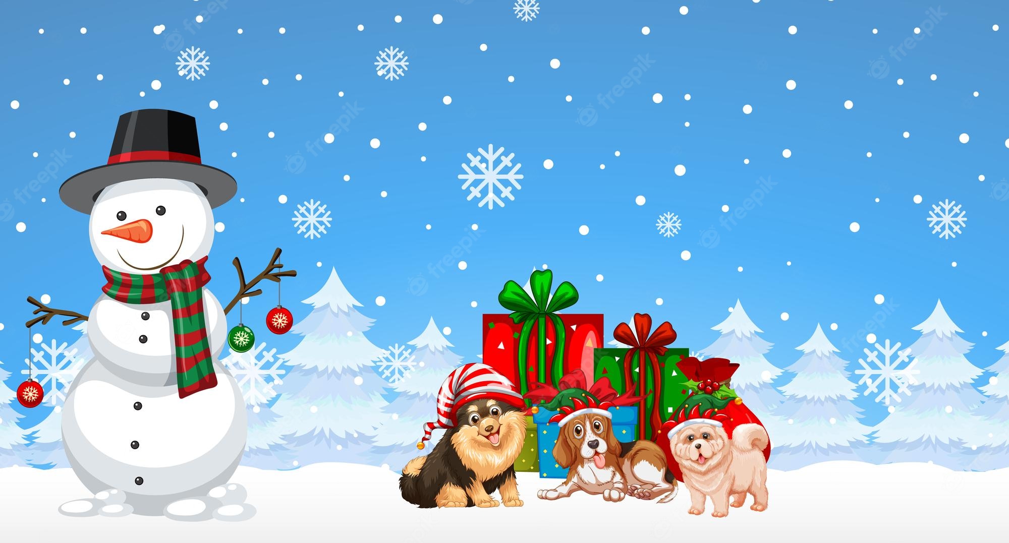Premium Vector. Christmas snowman and dogs on snowy blue background