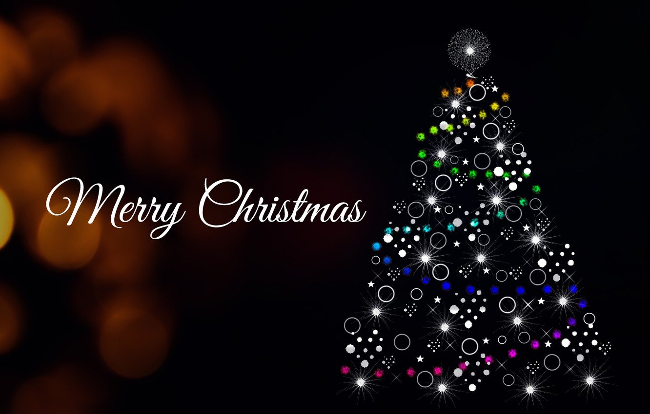 Wallpaper lights, lights, holiday, the inscription, graphics, vector, Christmas, New year, tree, black background, garland, elegant, stars, bokeh, Christmas decorations, Christmas image for desktop, section новый год