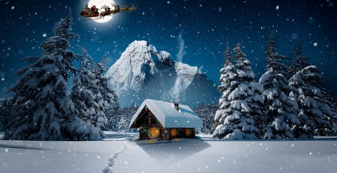 Wallpaper snowfall, winter, hut, house, winter, christmas desktop wallpaper, HD image, picture, background, 334b31