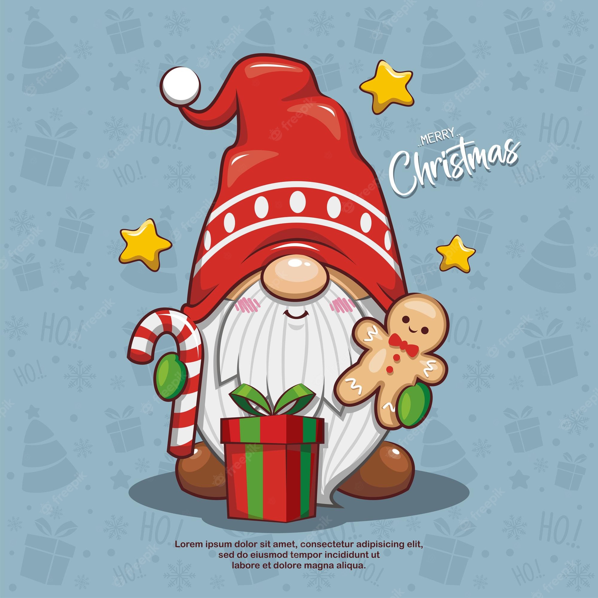 Premium Vector. Cute christmas gnome with gift box, candy cane, and gingerbread on seamless background
