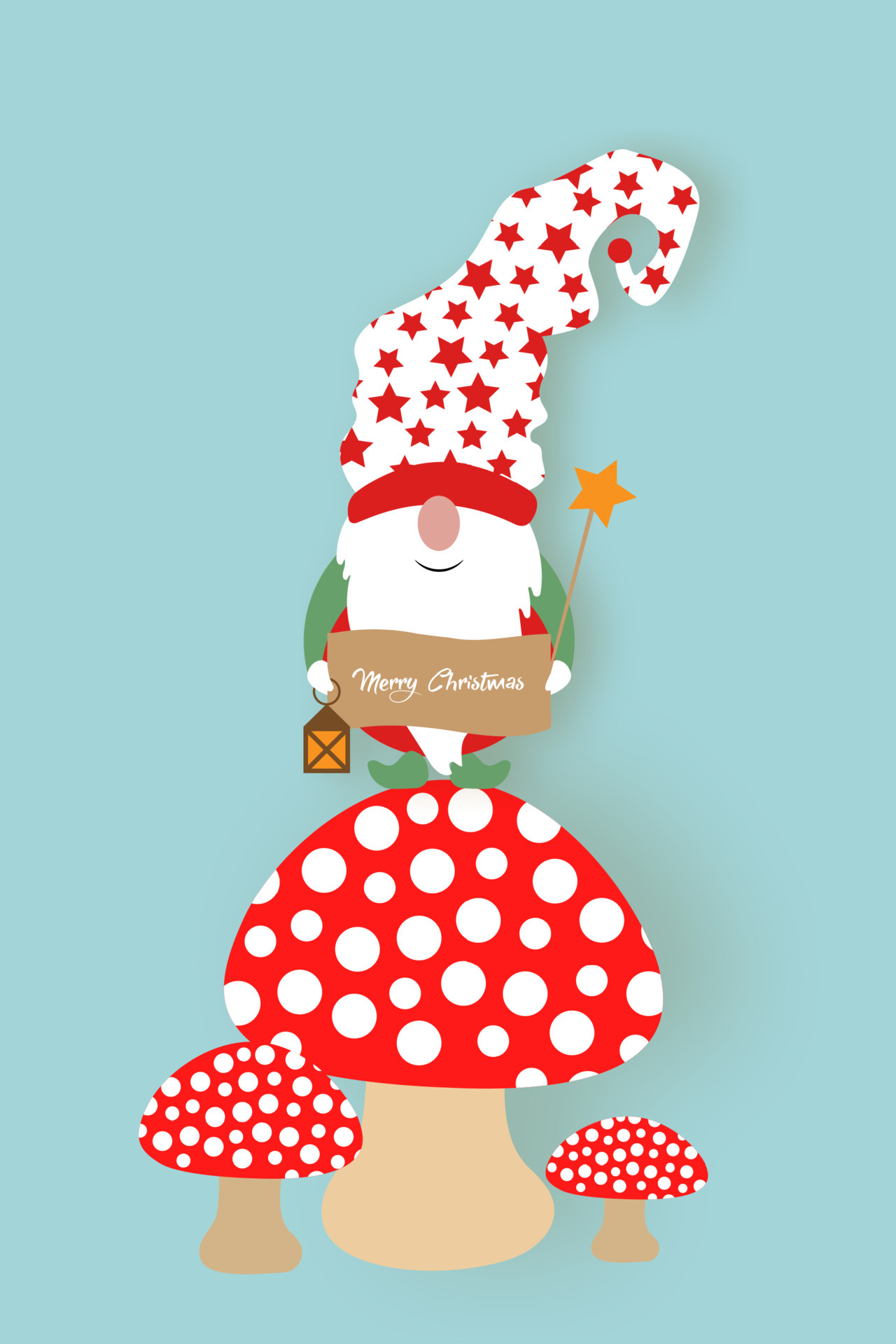 Christmas Gnome above a red mushroom. Merry Christmas Cute Scandinavian Nordic Santa Claus Elf, vector isolated on blue background. Xmas elements for design, invitations, cards, childrens toys