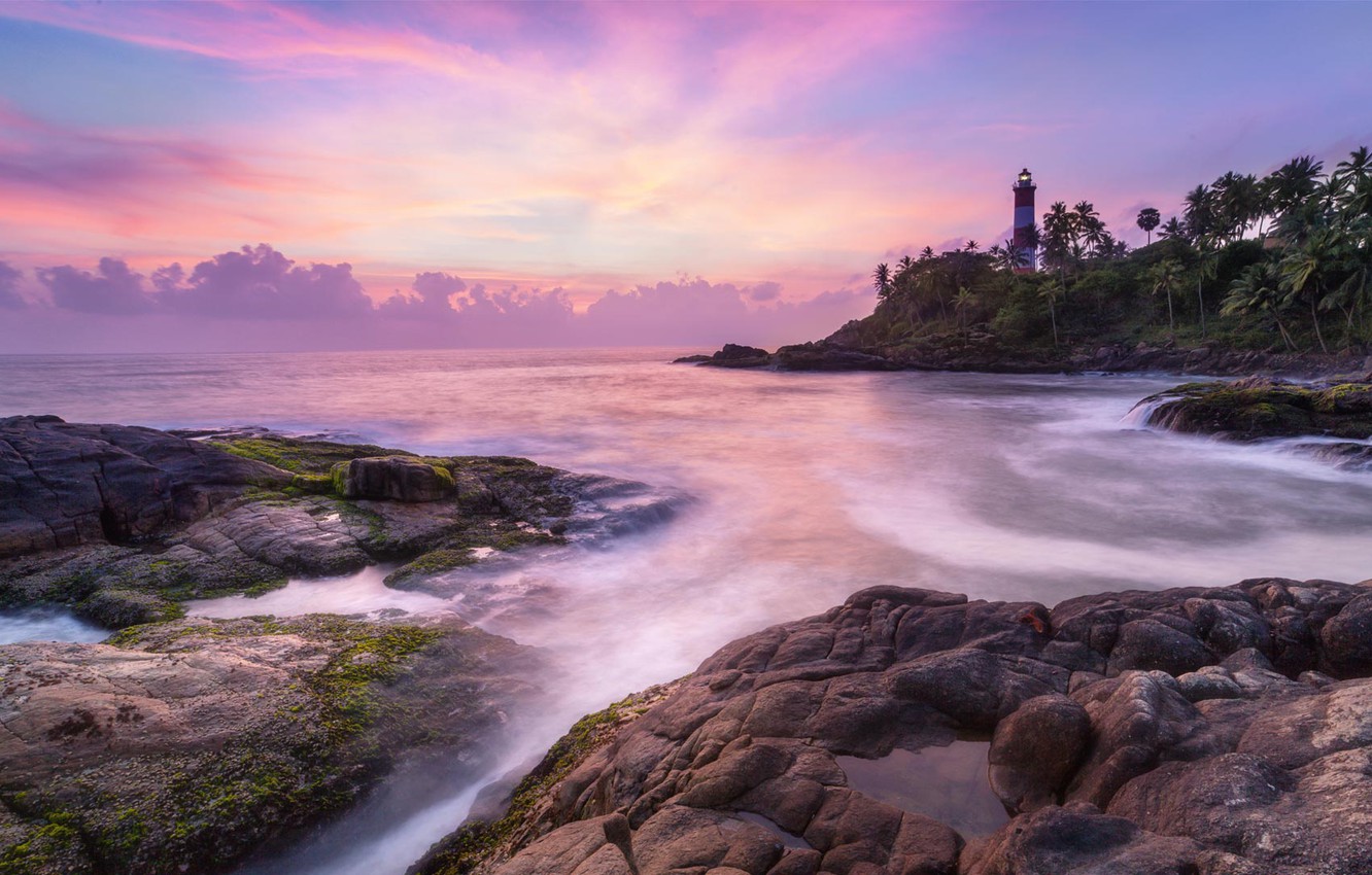 Wallpaper sea, clouds, palm trees, rocks, lighthouse, India, Kovalam image for desktop, section пейзажи