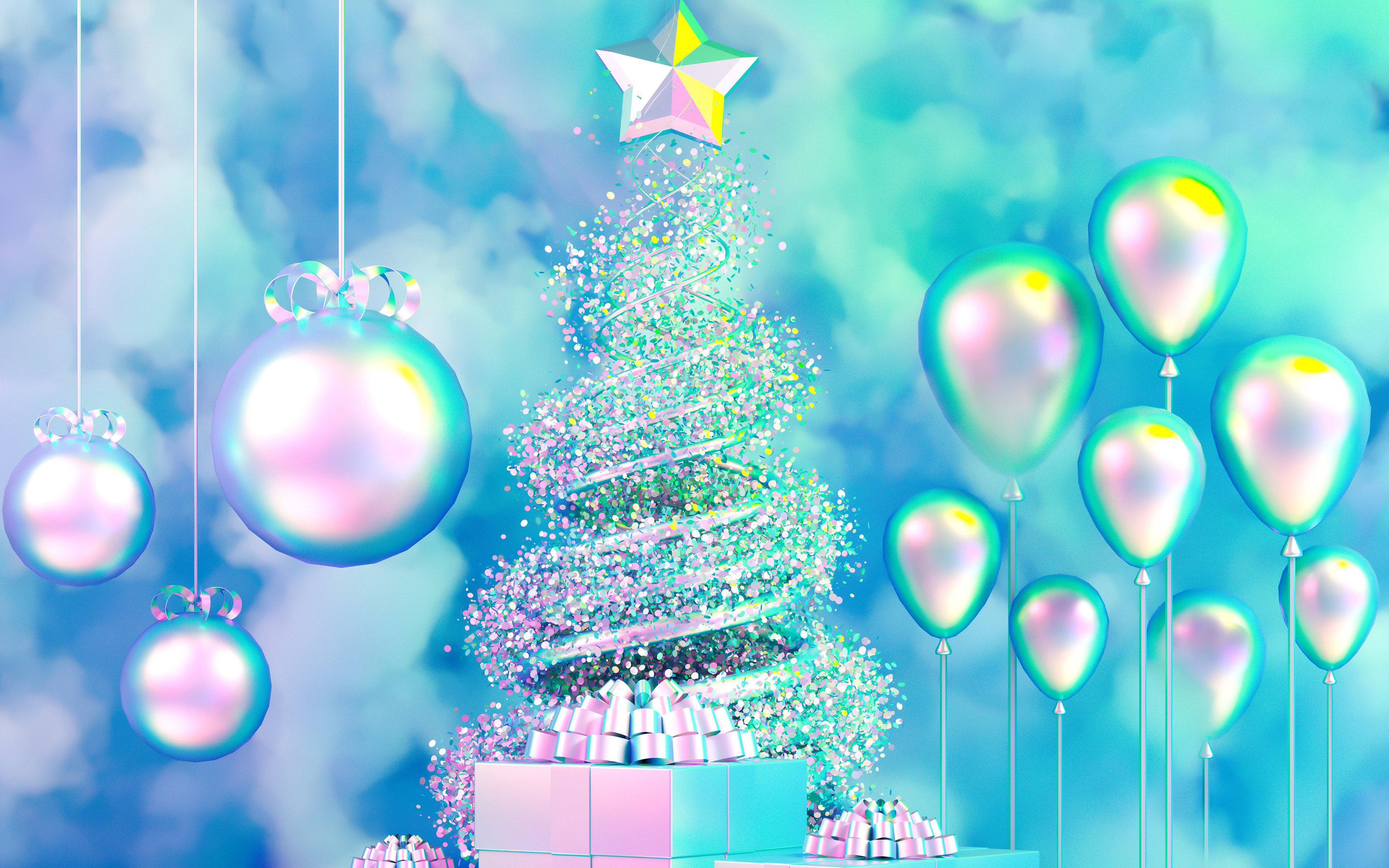 Download wallpaper creative christmas tree, 4k, Happy New Year, silver balloons, xmas trees, christmas trees, christmas concepts for desktop with resolution 3840x2400. High Quality HD picture wallpaper