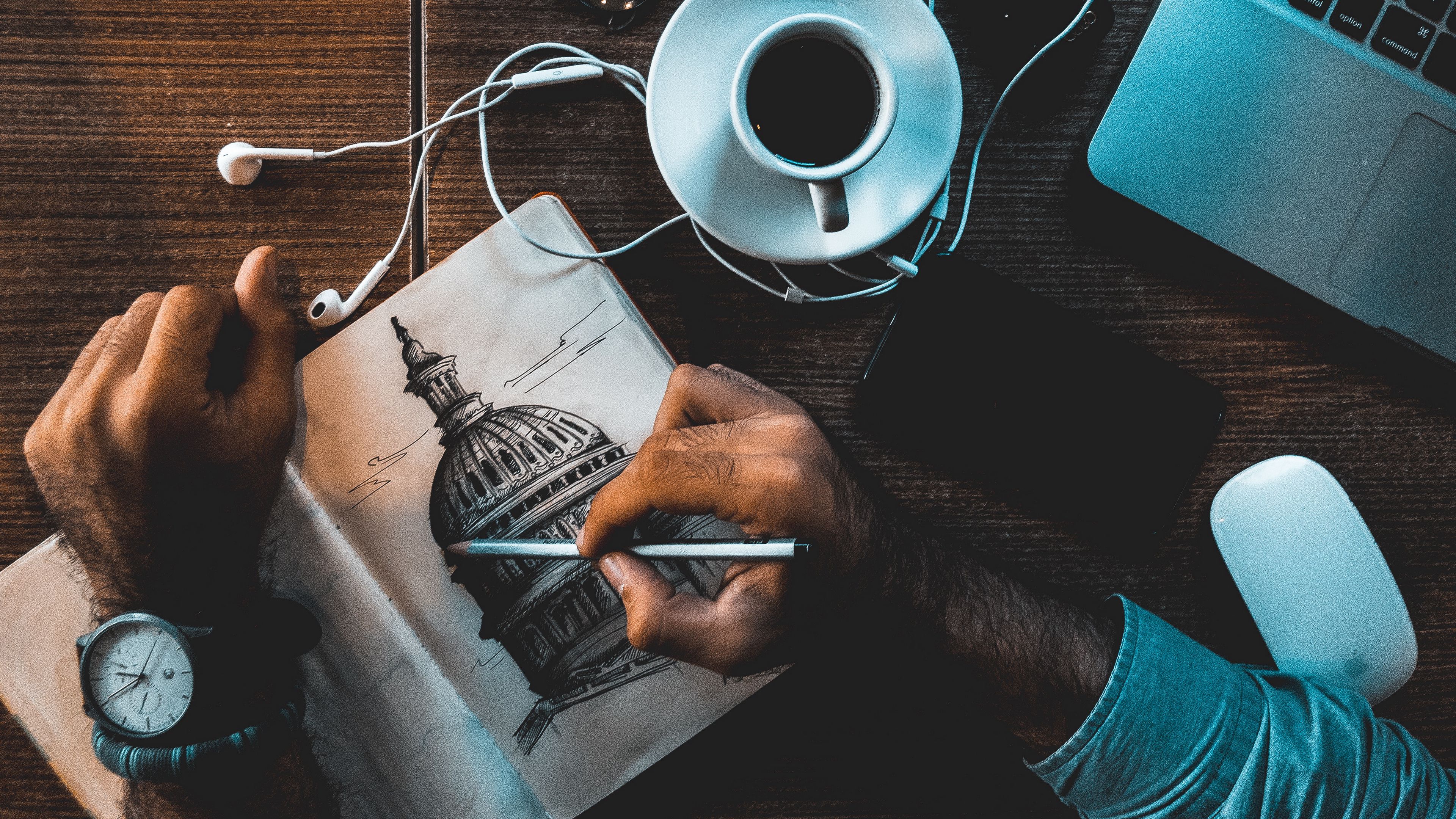 Download wallpaper 3840x2160 sketch, drawing, headphones, cup, table 4k uhd 16:9 HD background