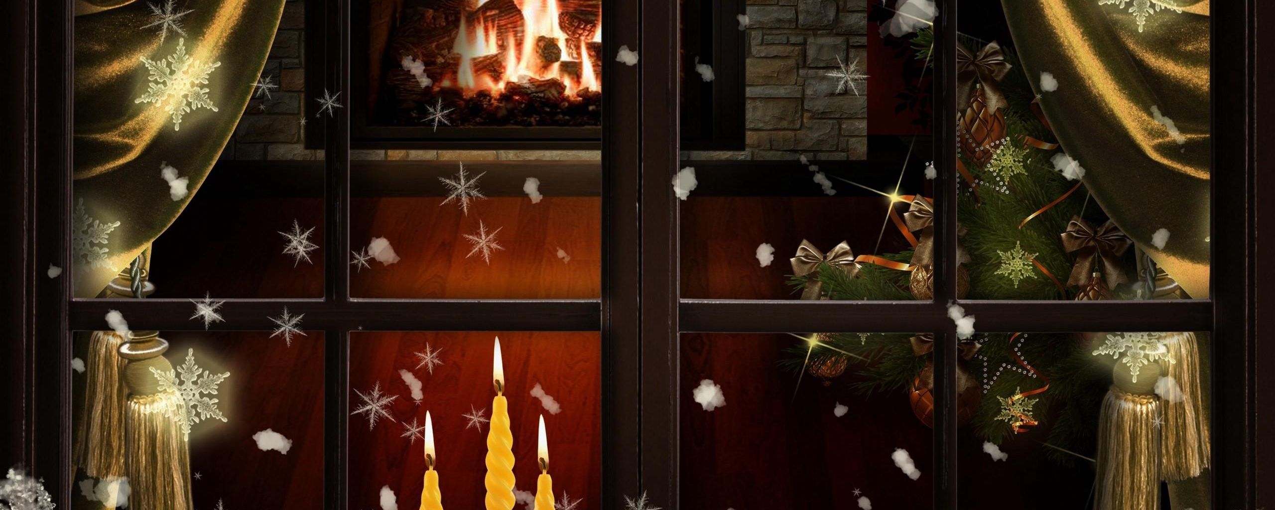 Download wallpaper 2560x1024 window, fireplace, candles, christmas tree, cozy, christmas ultrawide monitor HD background