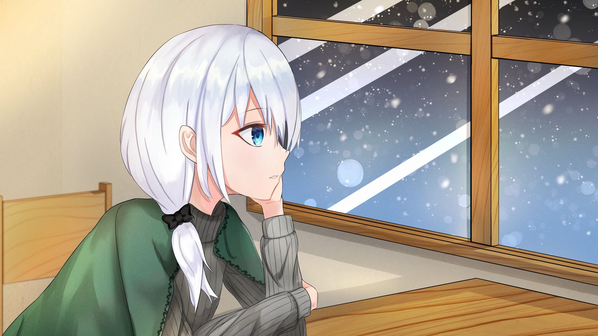 Download wallpaper 2048x1152 girl, glance, window, snow, winter, cozy, anime ultrawide monitor HD background