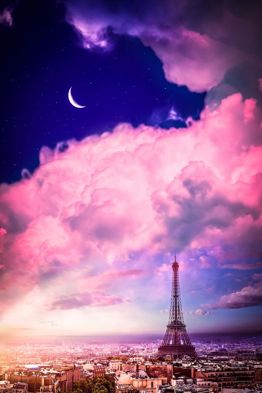 Paris Eiffel Tower, pink clouds and crescent moon. Posters, Art Prints, Wall Murals. +250 000 motifs