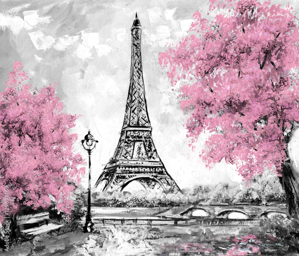 Oil Painting, Paris. european city landscape. France, Wallpaper, eiffel tower. Black, white and pink, Modern art Stock Illustration
