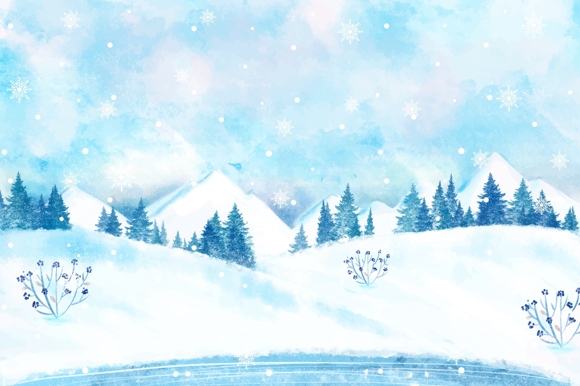 Premium Vector. Snowy winter landscape wallpaper