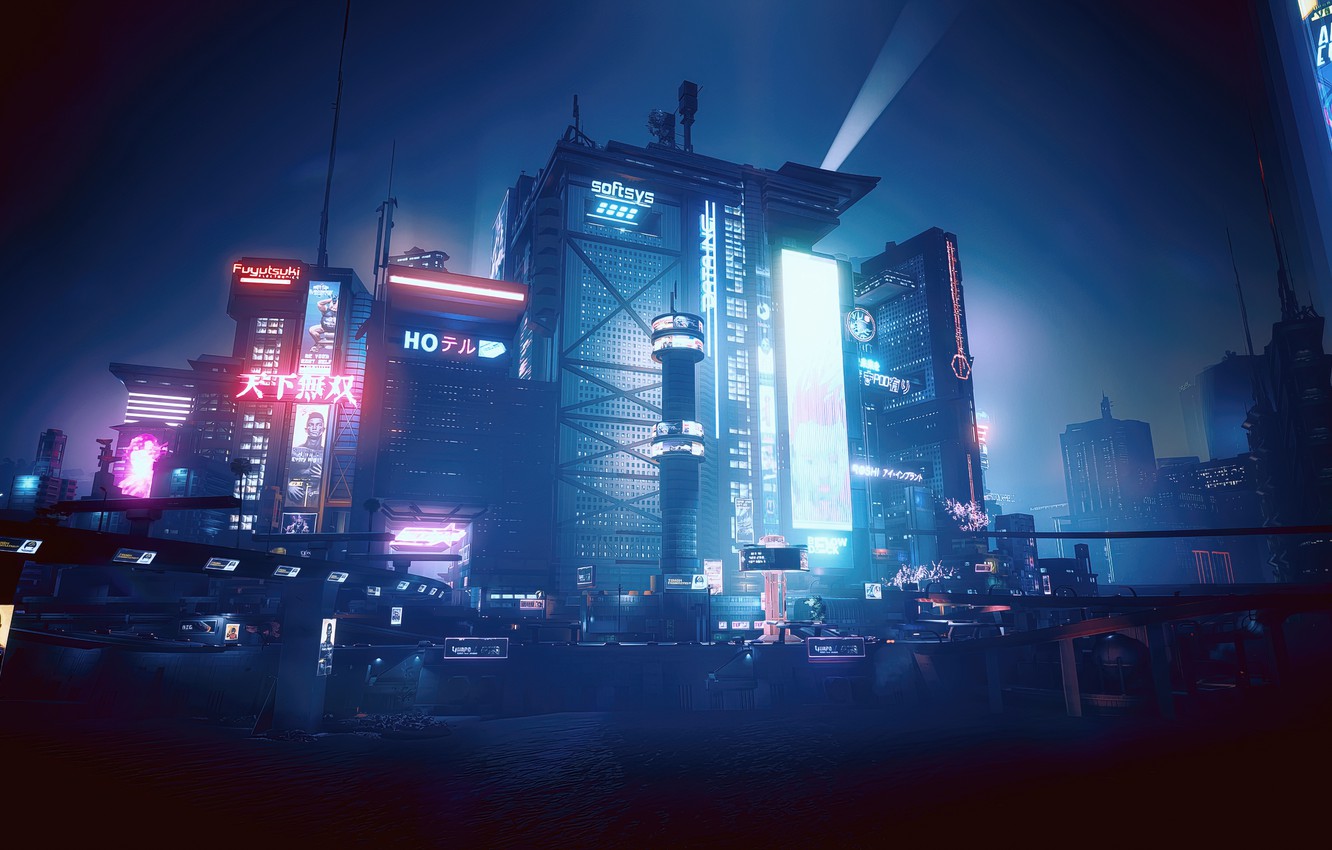 Wallpaper landscape, blue, cyberpunk, cyan, night city, Cyberpunk city night image for desktop, section игры
