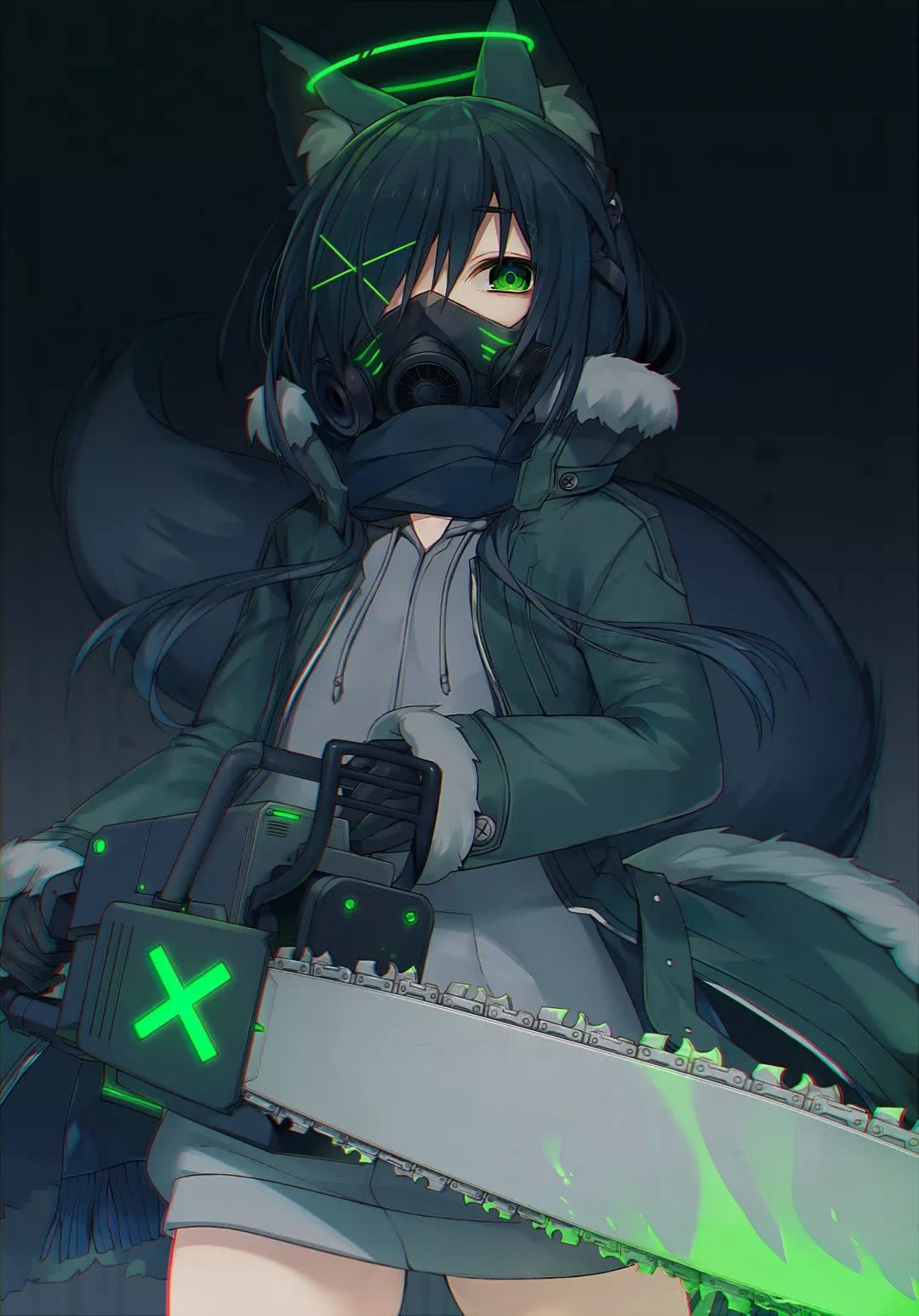 Muryotaro Anime Anime Girls Vertical Gas Masks Green Eyes Chainsaws Animal Ears Tail Dark Hair Wallpaper:1080x1547