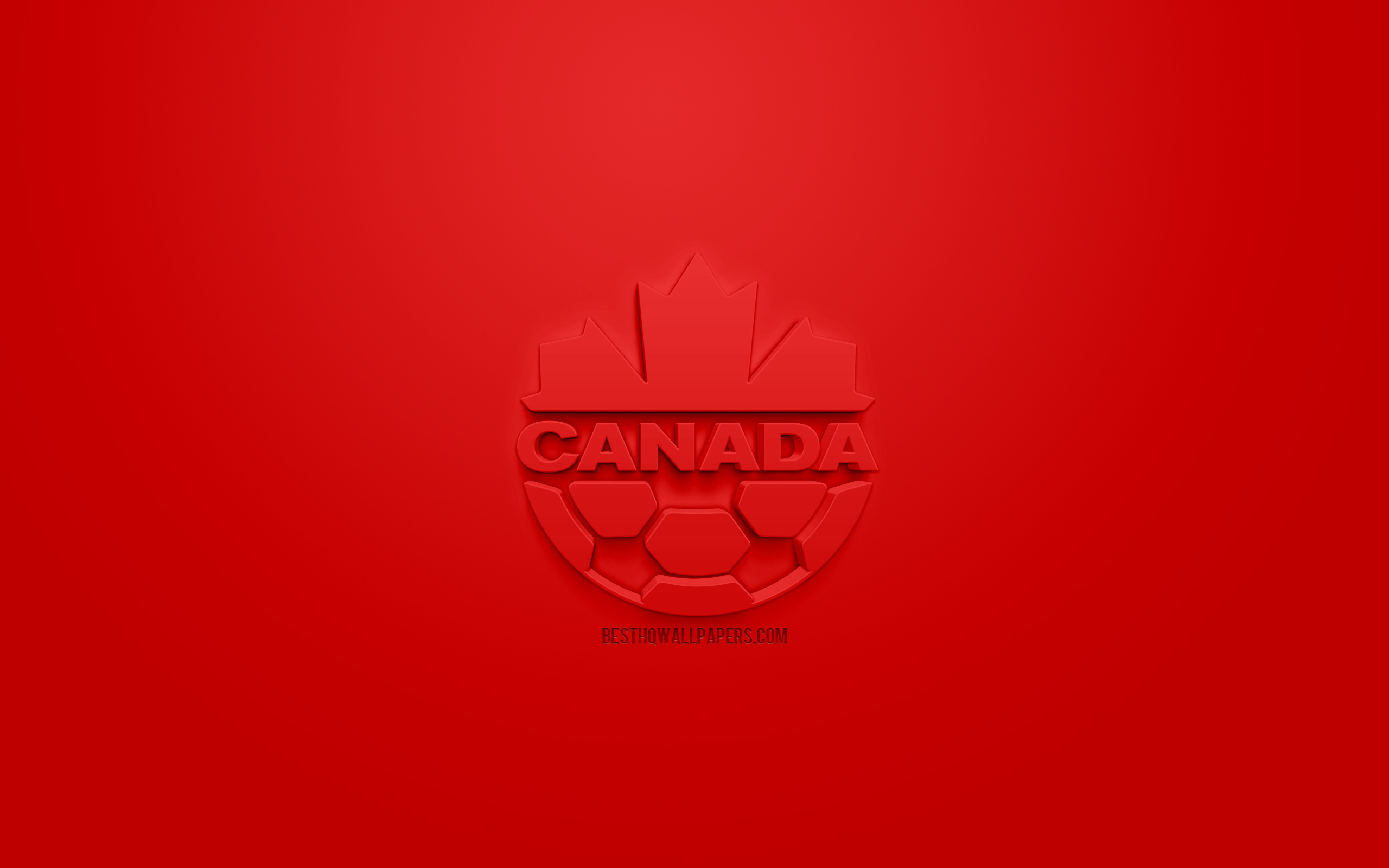 Download wallpaper Canada national soccer team, creative 3D logo, red background, 3D emblem, Canada, CONCACAF, 3D art, football, stylish 3D logo for desktop with resolution 2560x1600. High Quality HD picture wallpaper