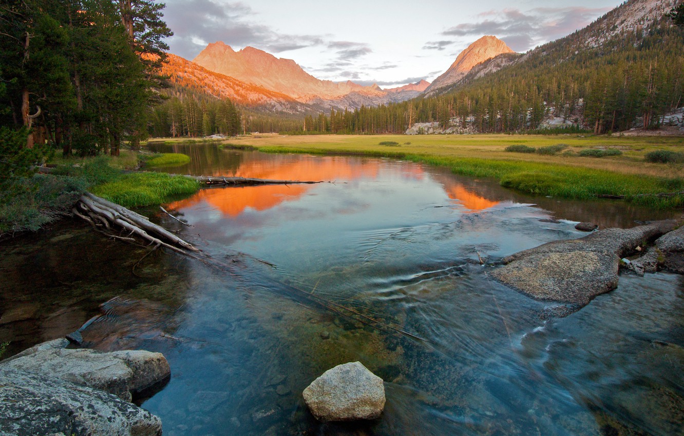 Wallpaper trees, mountains, reflection, river, stones, the slopes, CA, USA, Bank, Sierra Nevada, national Park kings Canyon image for desktop, section природа