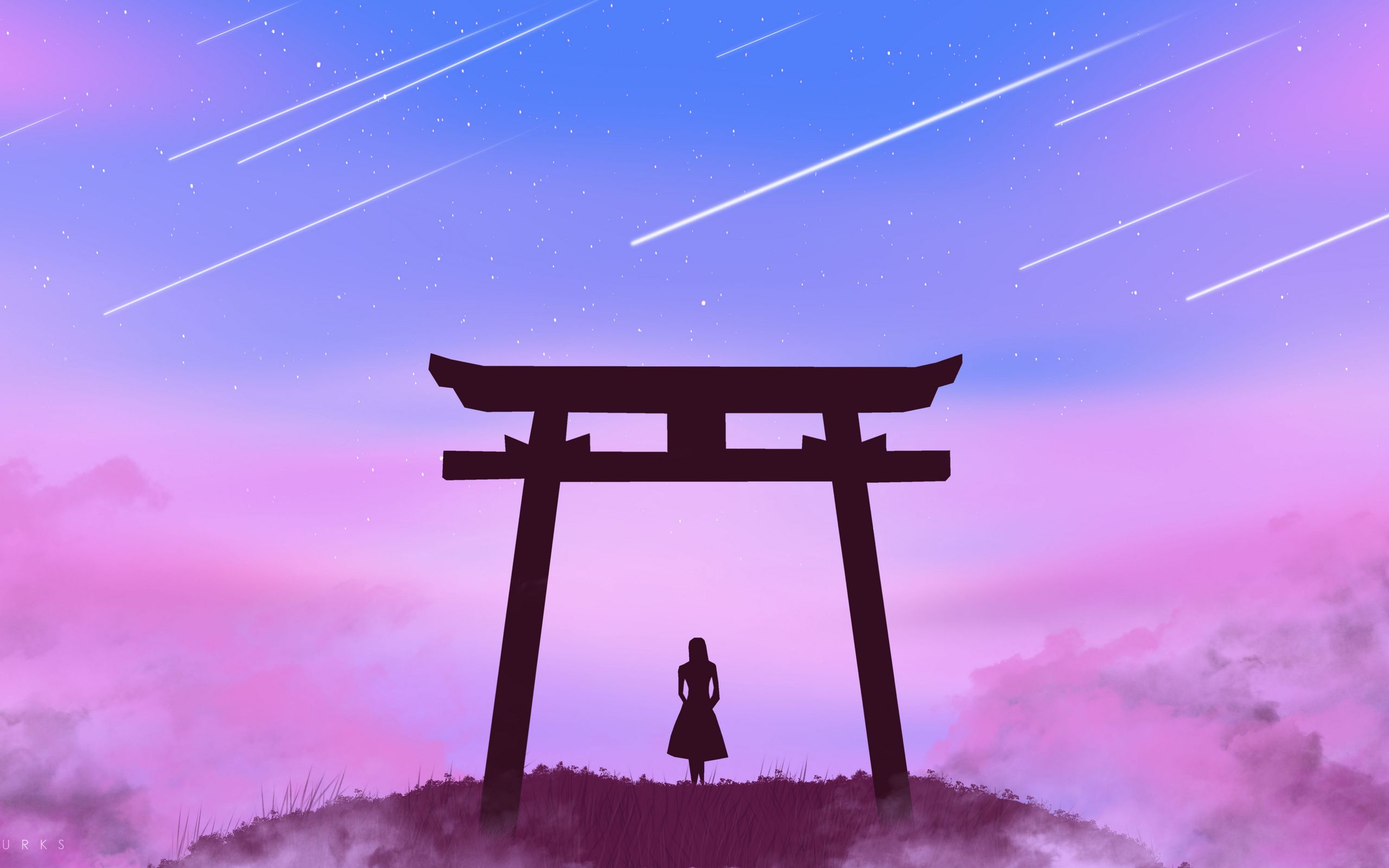 Download wallpaper 2560x1600 torii gate, girl, silhouette, clouds, stars, art widescreen 16:10 HD background