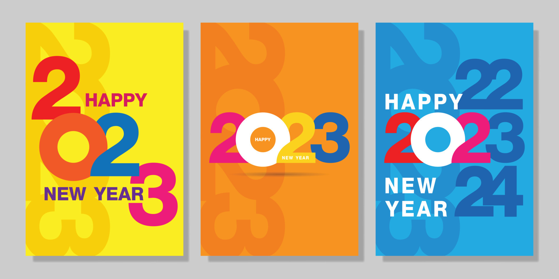 2023 colorful set of Happy New Year posters. Design for celebration and season decoration using the typographic logo 2023. Trendy minimal background for branding, banners, covers