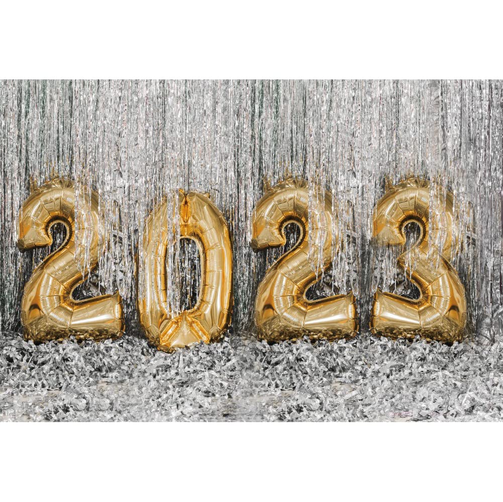 Amazon.com, Laeacco New Year 2023 Celebration Backdrop 7x5ft Silver Metallic Tinsel Foil Fringe Photography Background Golden 2023 Graduation Party Decor Tassels Carnival Dance Party Xmas Eve Holiday Photo Prop