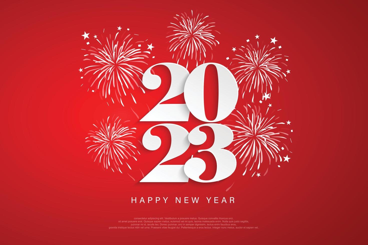 Happy New Year 2023 number design for posters, brochures, banners, websites, on red background and fireworks. Vector illustration